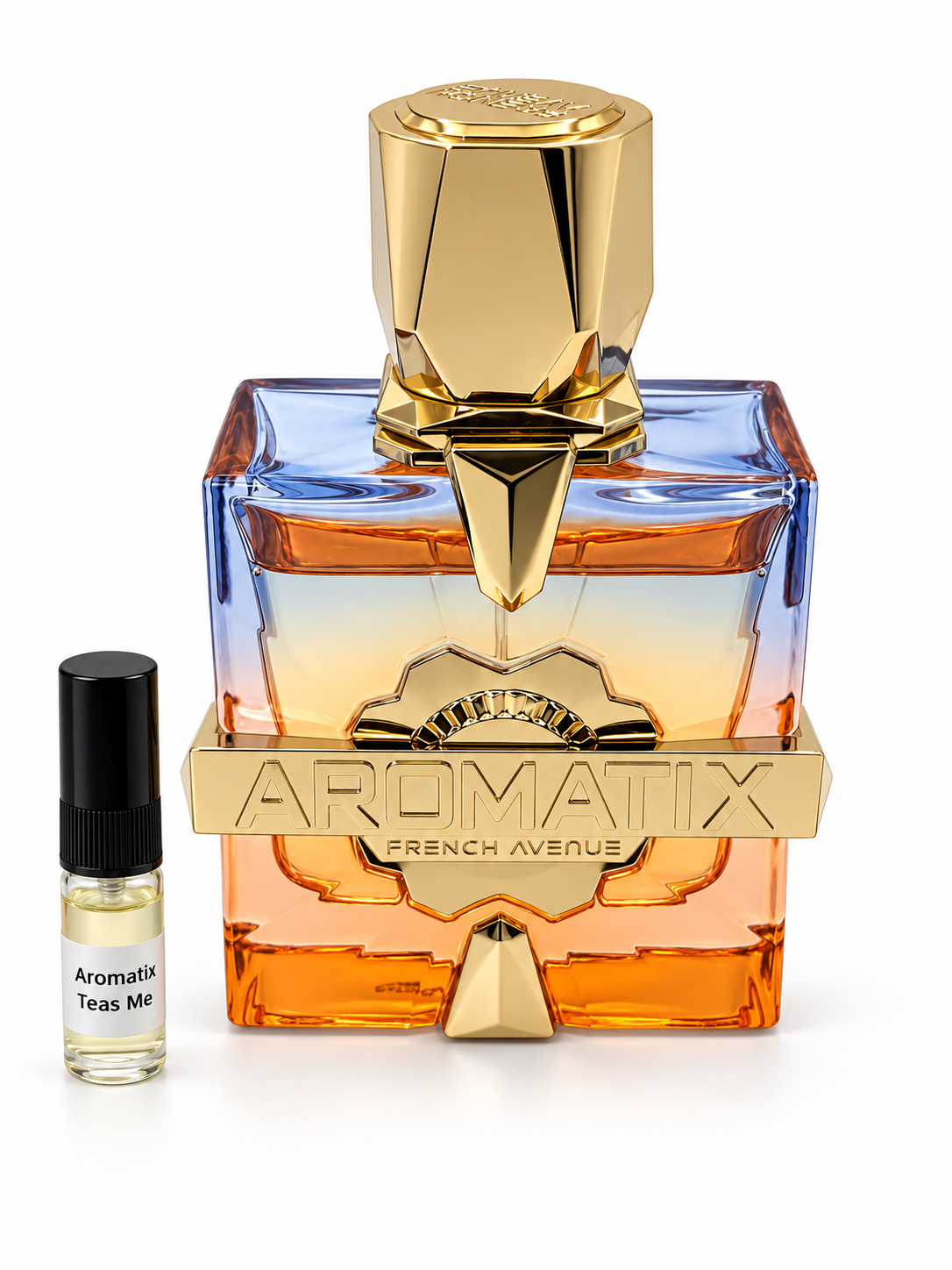 French Avenue Aromatix Teas Me fragrance bottle and black-capped sample vial on white