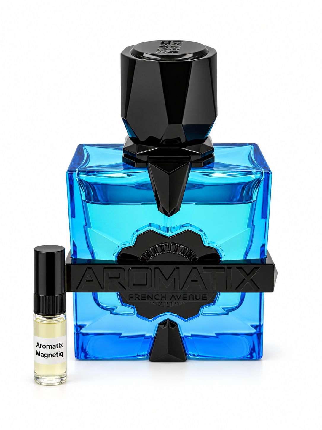French Avenue Aromatix Magnetiq fragrance bottle and black-capped sample vial on white