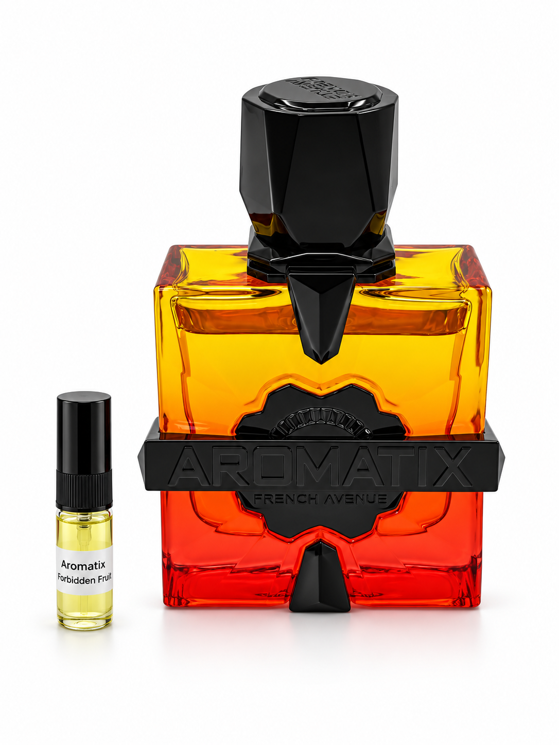 French Avenue Aromatix Forbidden Fruit fragrance bottle and black-capped sample vial on white