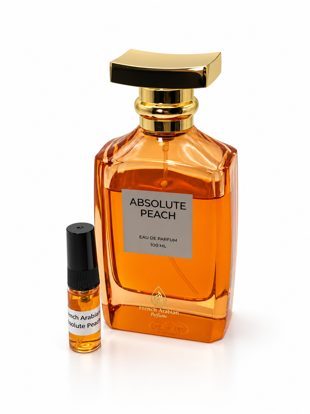 Absolute Peach French Arabian Perfumes fragrance bottle and black-capped sample vial on white