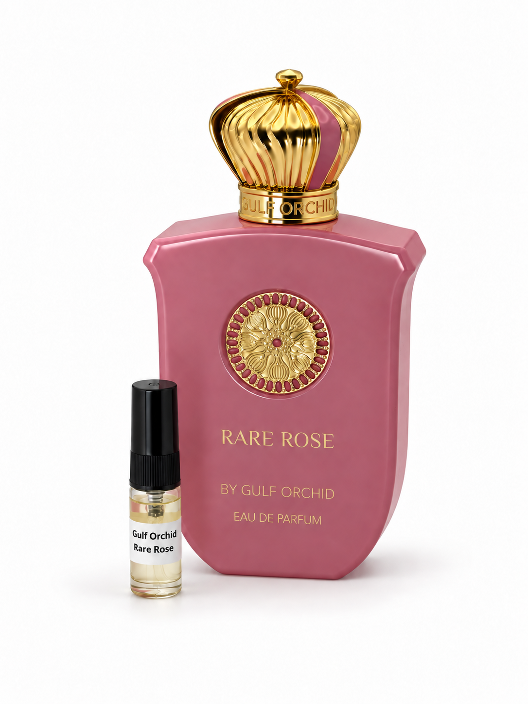 Gulf Orchid Rare Rose fragrance bottle and black-capped sample vial on white