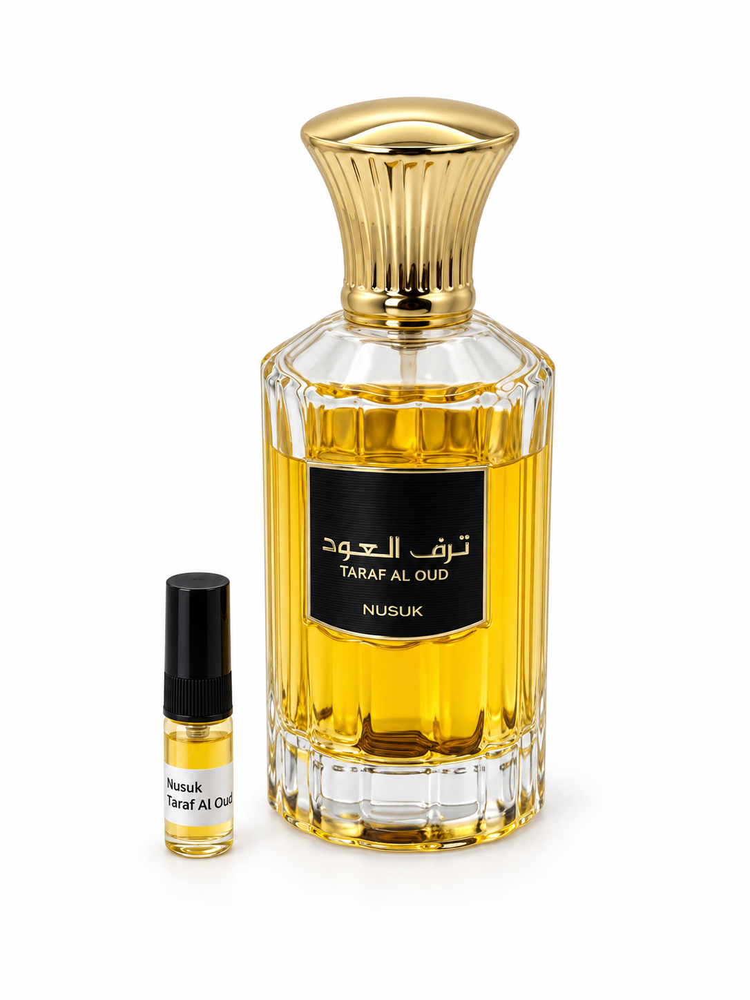 Nusuk Taraf Al Oud fragrance bottle and black-capped sample vial on white