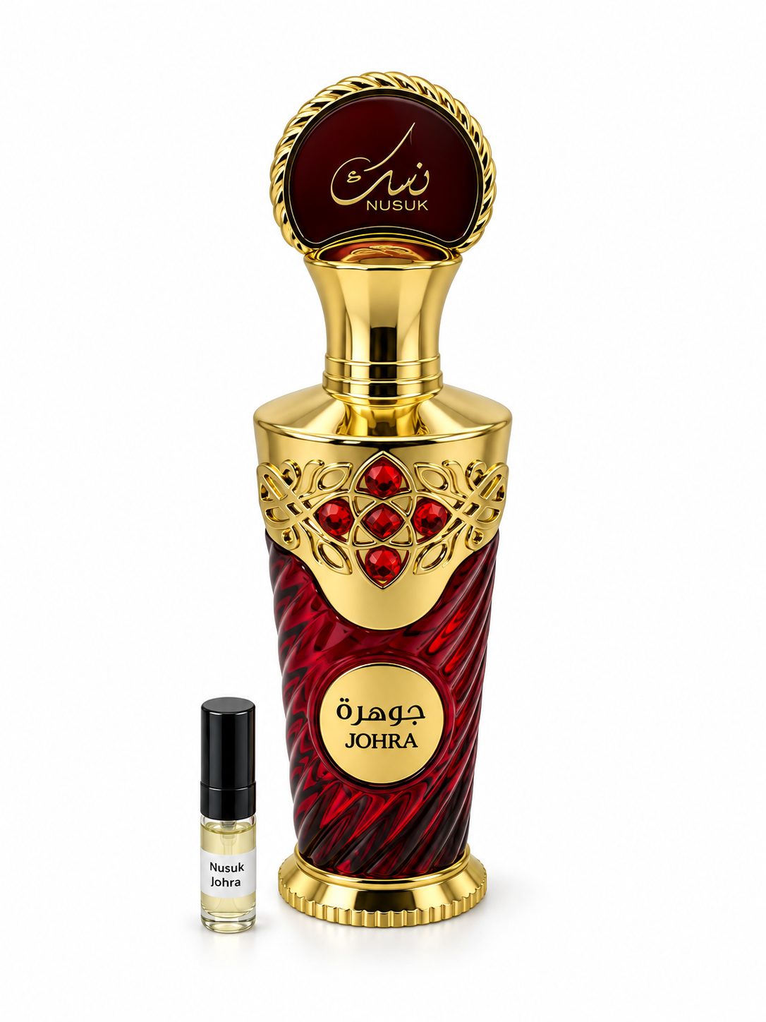 Nusuk Johra fragrance bottle and black-capped sample vial on white