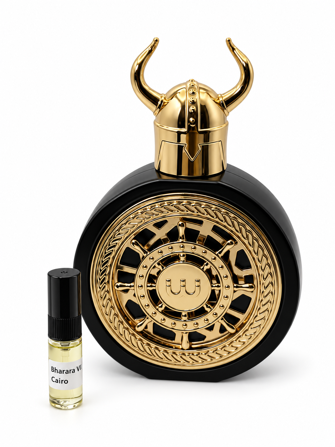 Bharara Viking Cairo fragrance bottle and black-capped sample vial on white