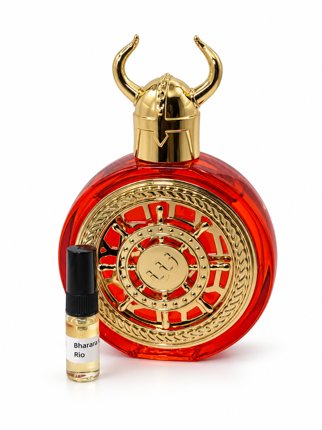 Bharara Viking Rio fragrance bottle and black-capped sample vial on white