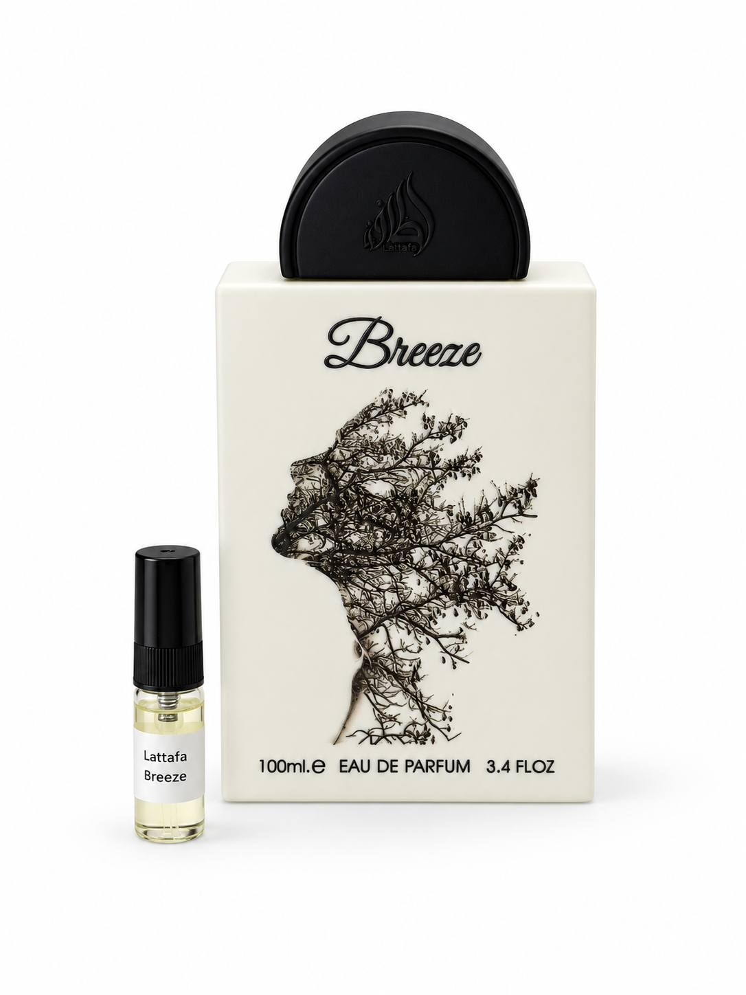 Lattafa Breeze fragrance bottle and black-capped sample vial on white