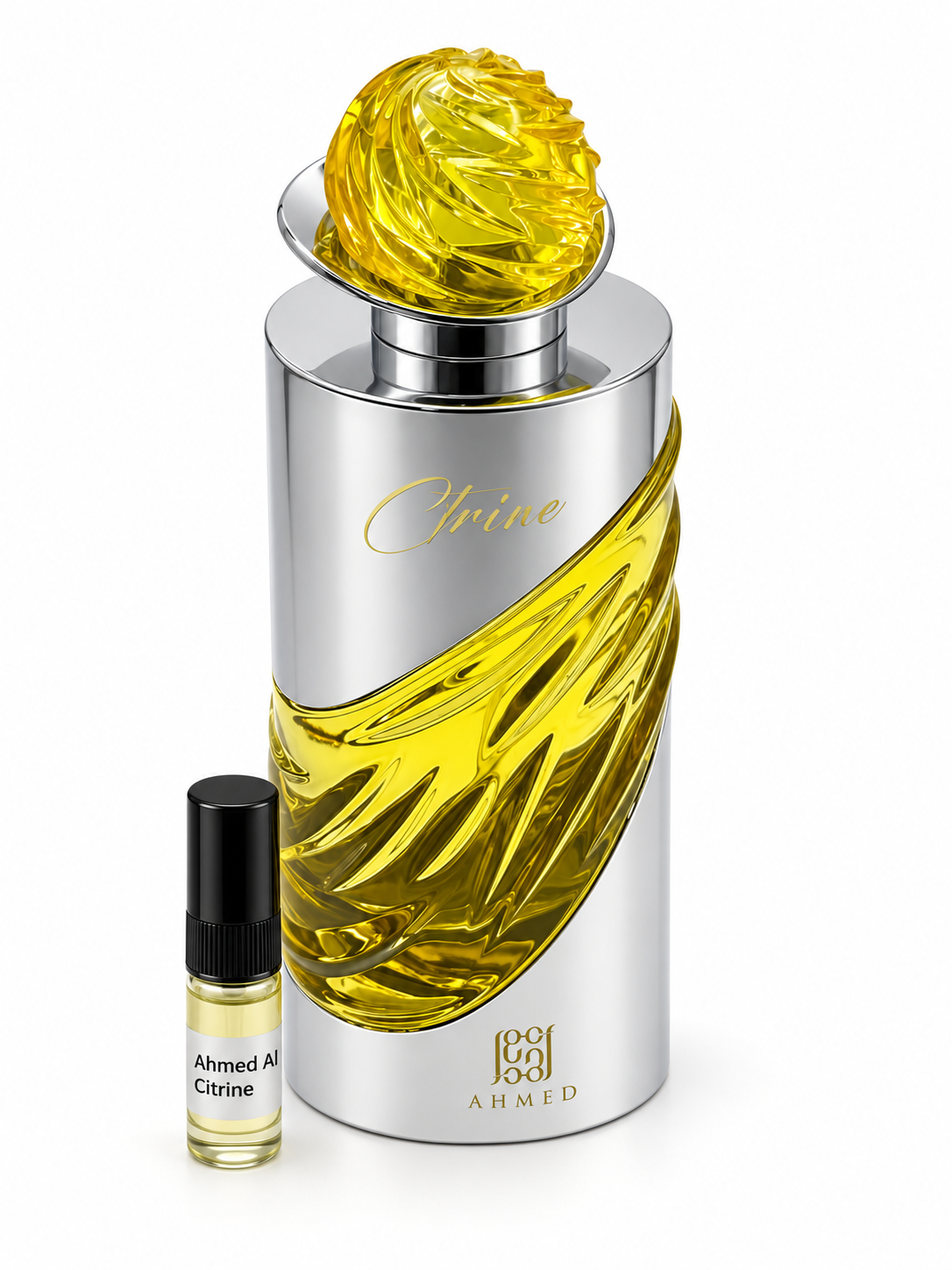 Ahmed Al Maghribi Citrine fragrance bottle and black-capped sample vial on white