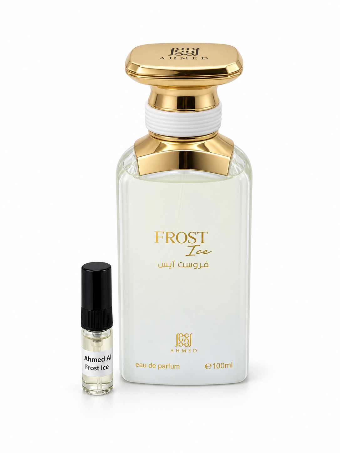Ahmed Al Maghribi Frost Ice fragrance bottle and black-capped sample vial on white