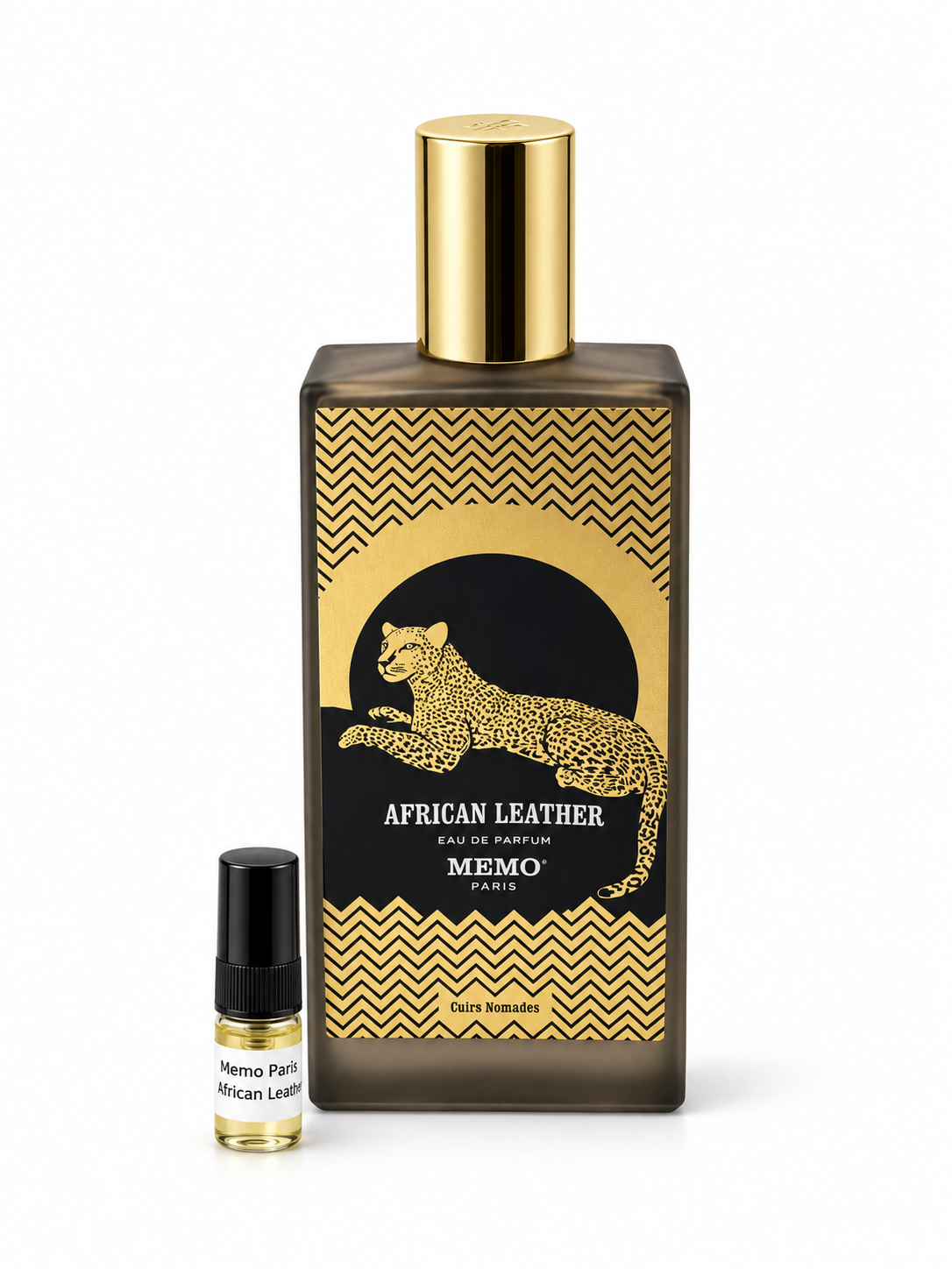Memo Paris African Leather fragrance bottle and black-capped sample vial on white