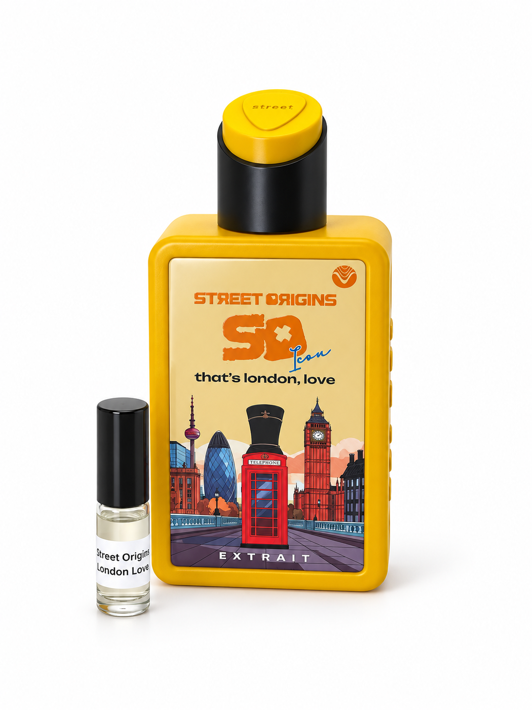 Street Origins Thats London Love fragrance bottle and black-capped sample vial on white