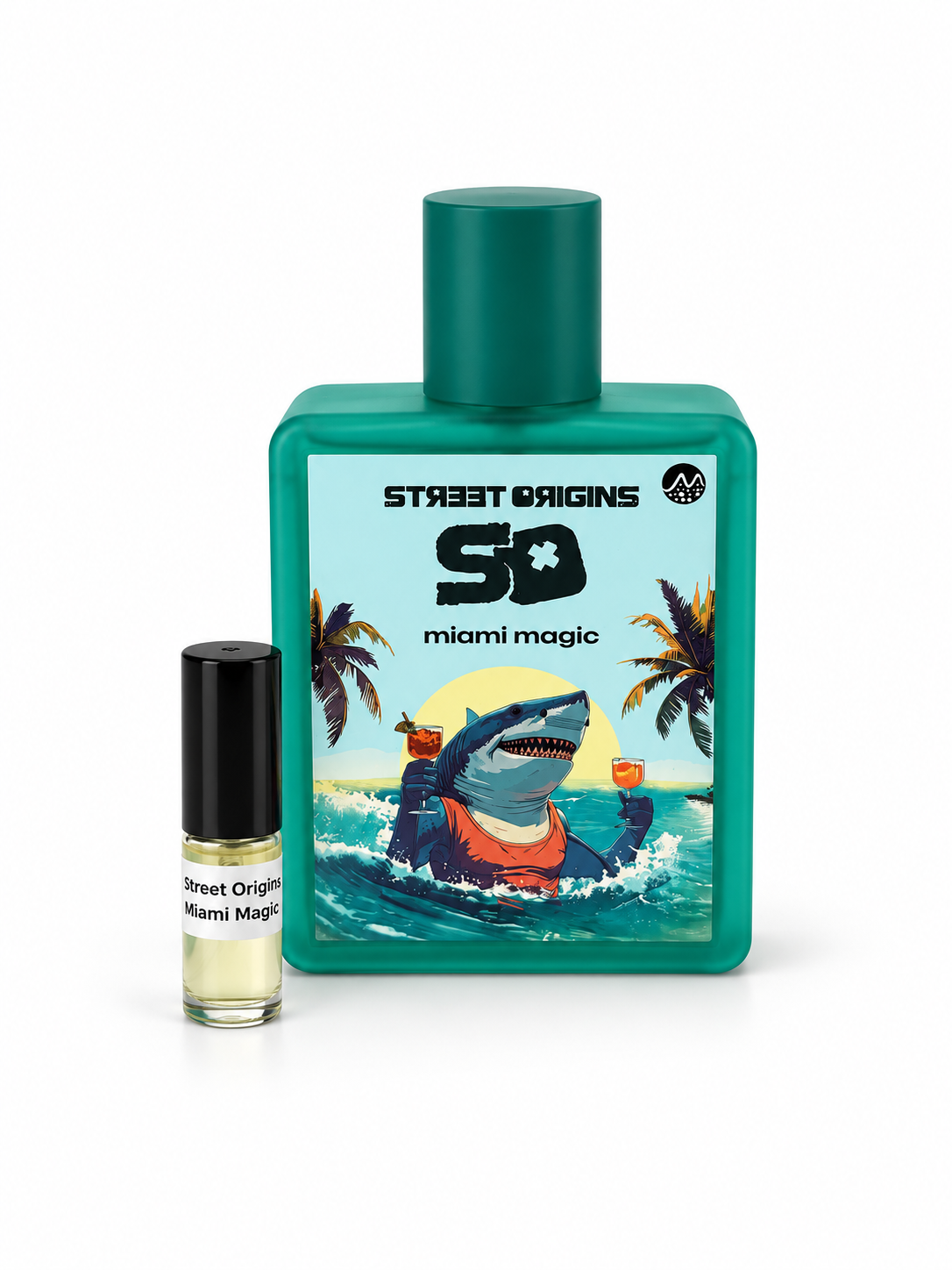Street Origins Miami Magic fragrance bottle and black-capped sample vial on white