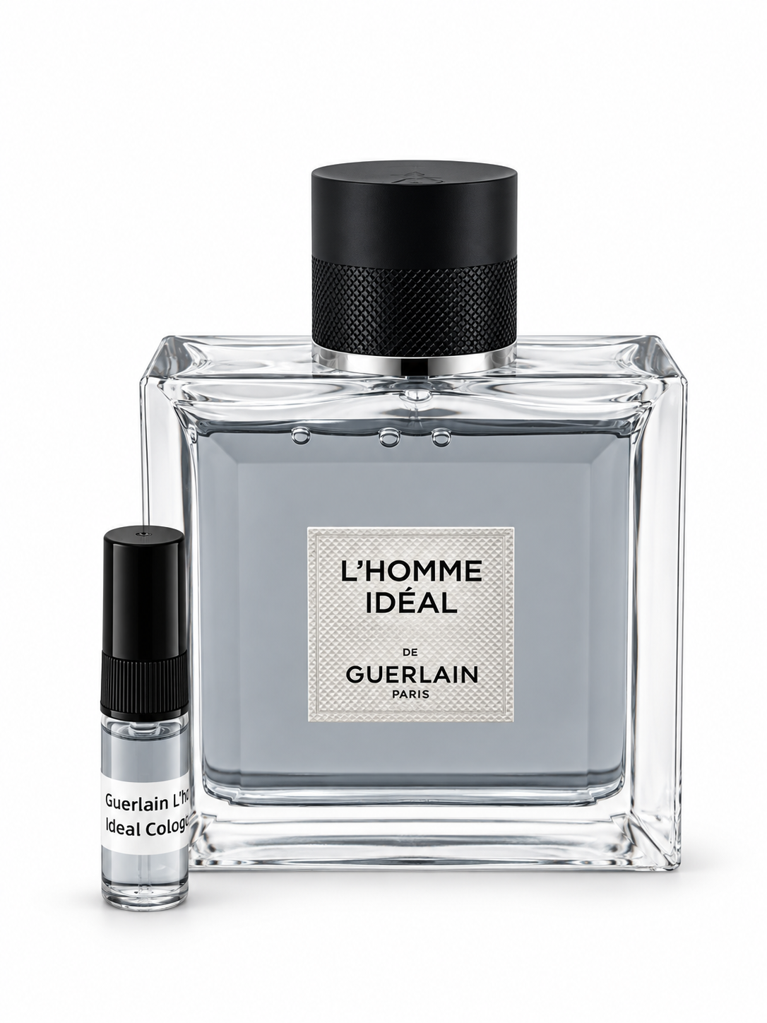 Guerlain L’homme Ideal Cologne Forte fragrance bottle and black-capped sample vial on white