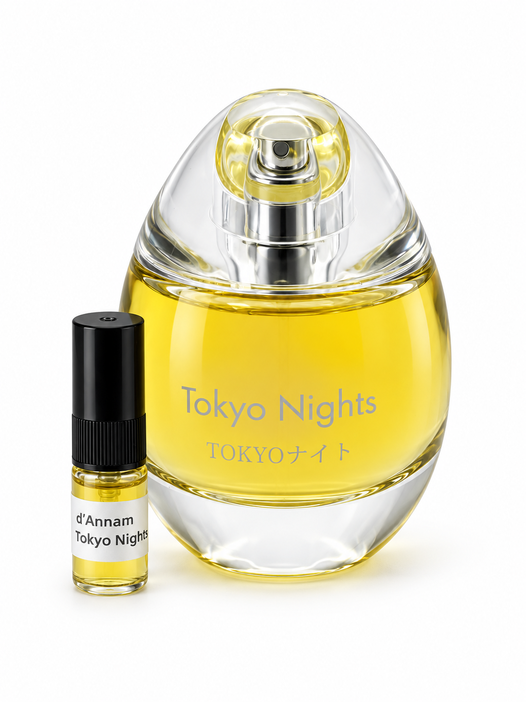 d'Annam Tokyo Nights fragrance bottle and black-capped sample vial on white