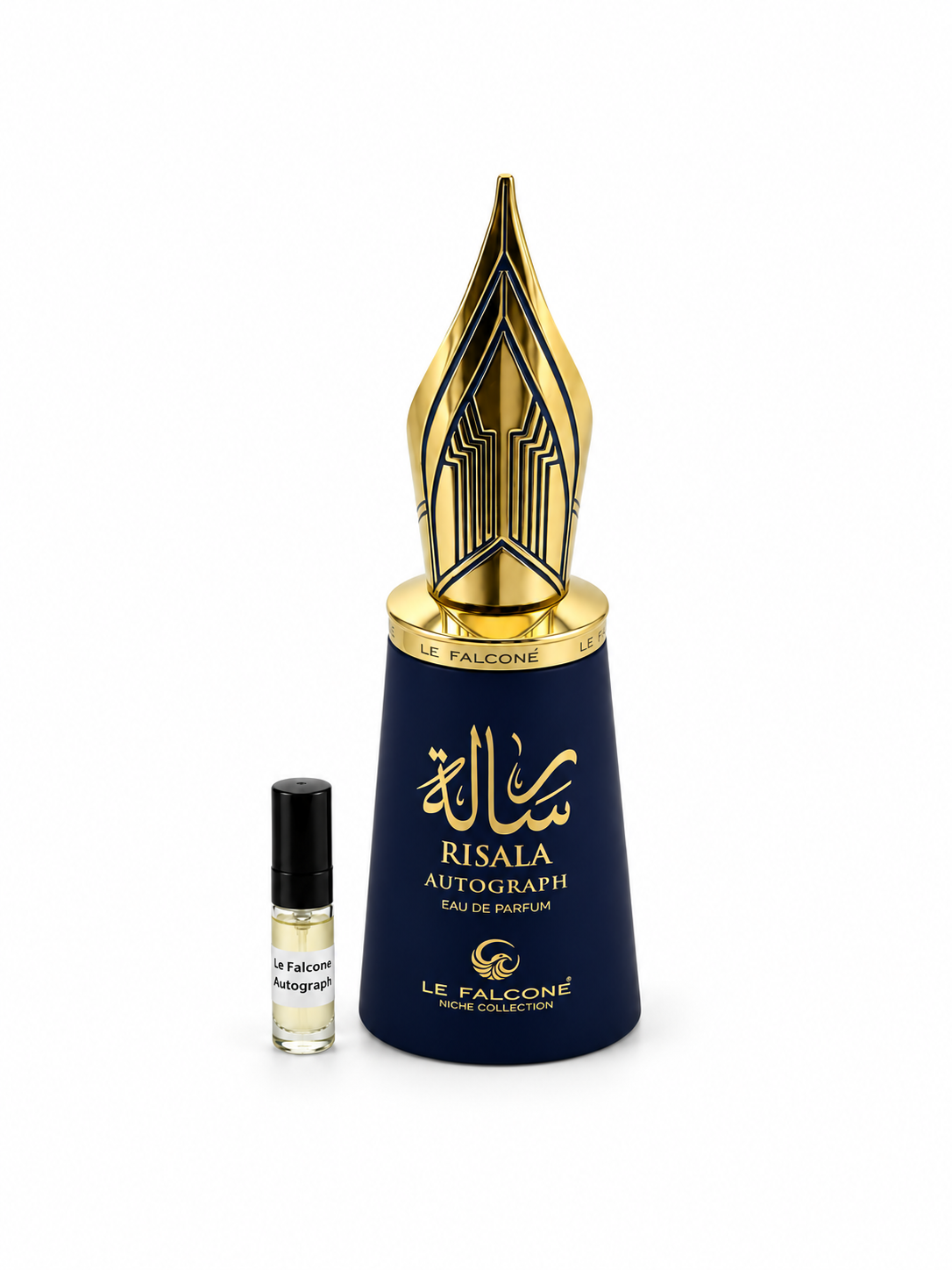 Le Falcone Risala Autograph fragrance bottle and black-capped sample vial on white
