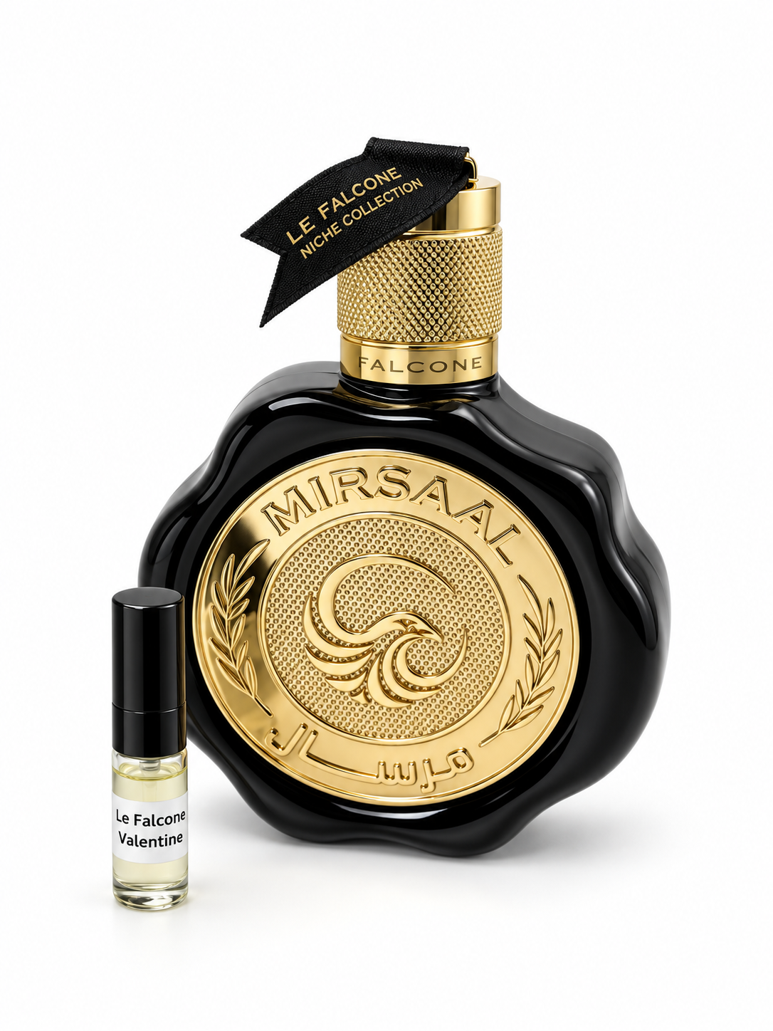 Le Falcone Mirsaal Valentine fragrance bottle and black-capped sample vial on white