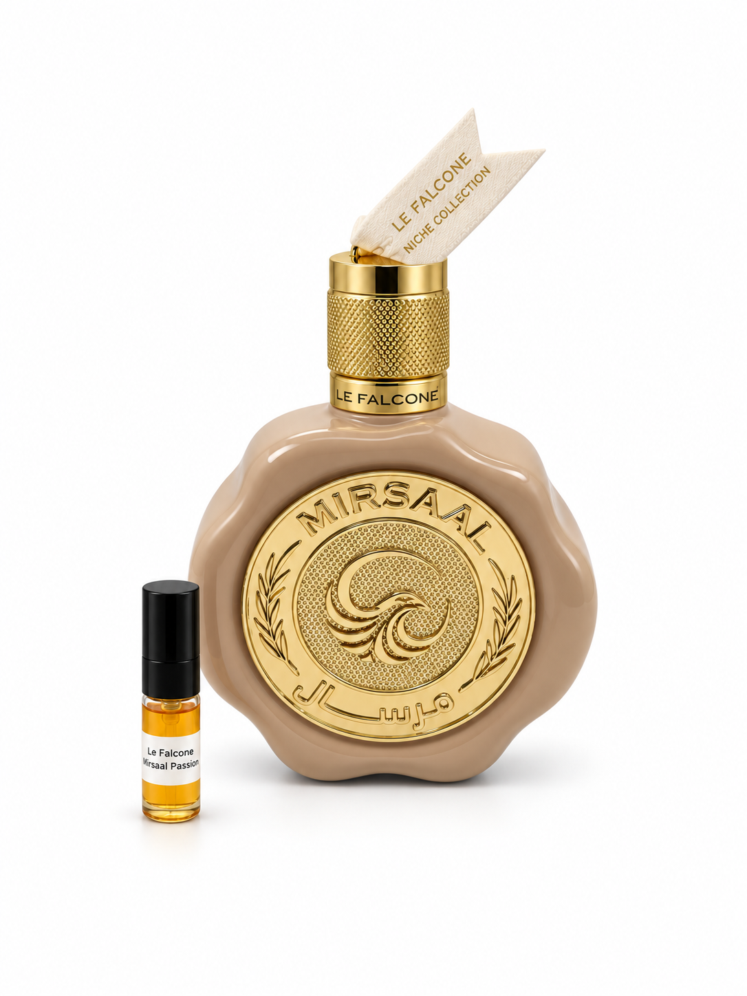 Le Falcone Mirsaal Passion fragrance bottle and black-capped sample vial on white