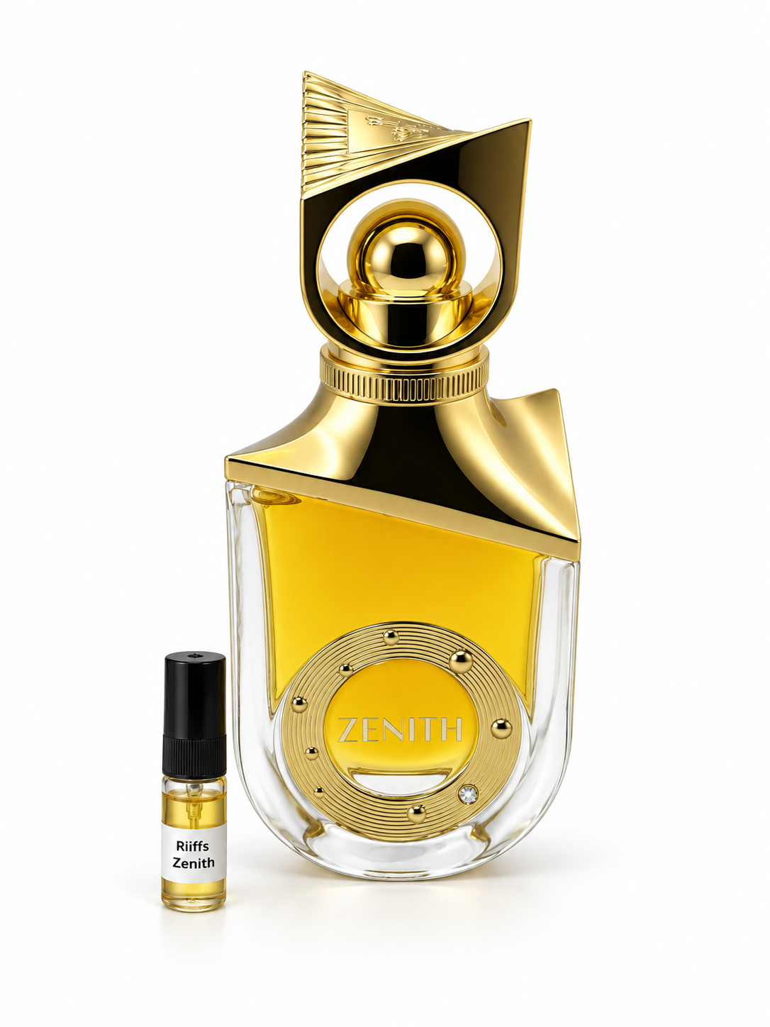 Riiffs Zenith fragrance bottle and black-capped sample vial on white