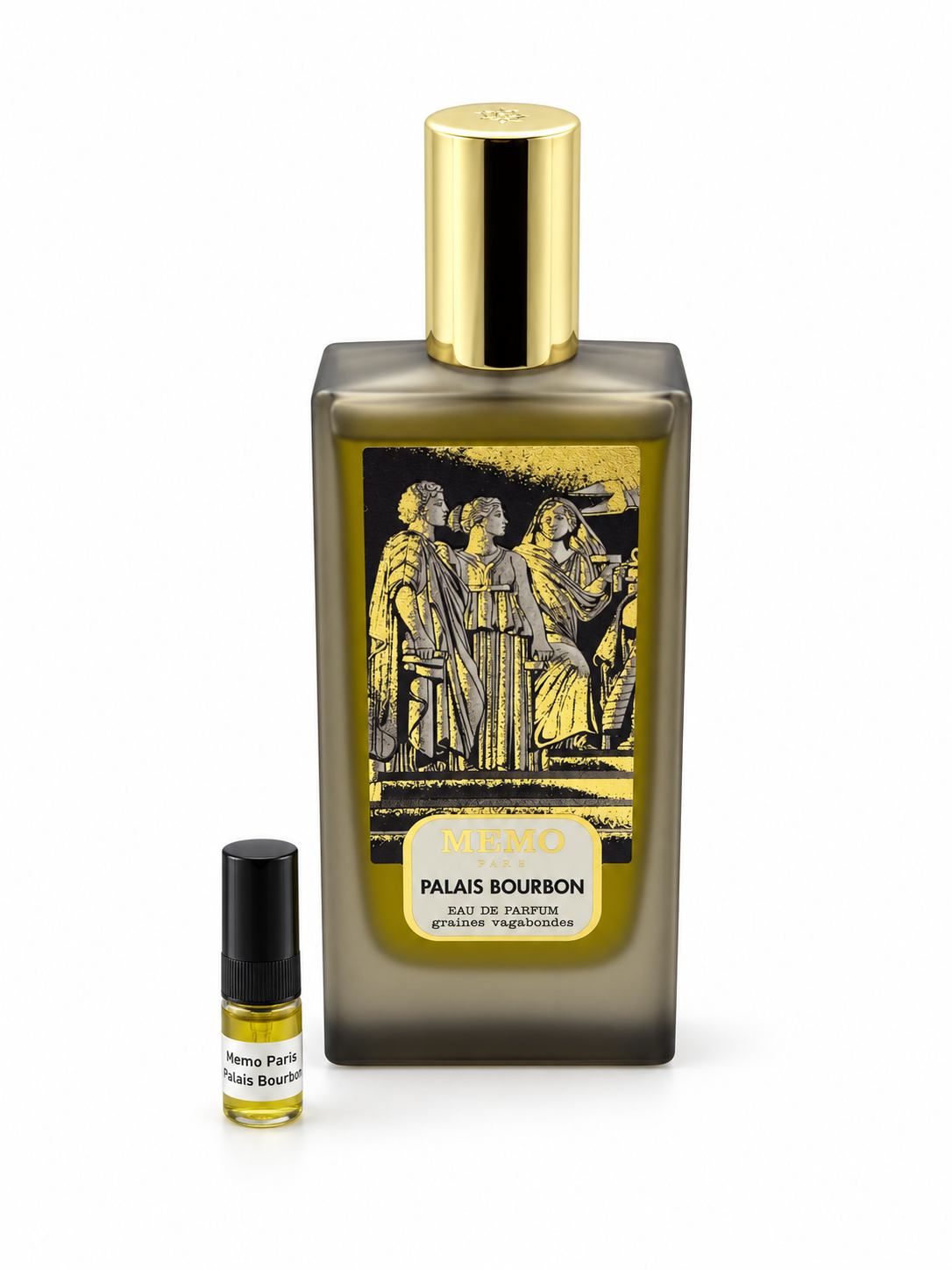 Memo Paris Palais Bourbon fragrance bottle and black-capped sample vial on white
