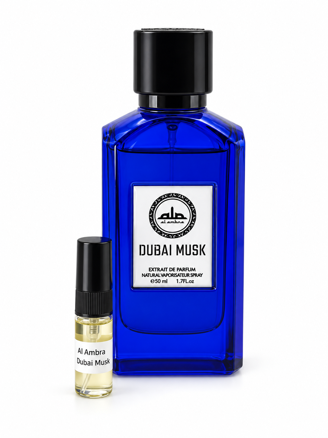 Al Ambra Dubai Musk fragrance bottle and black-capped sample vial on white