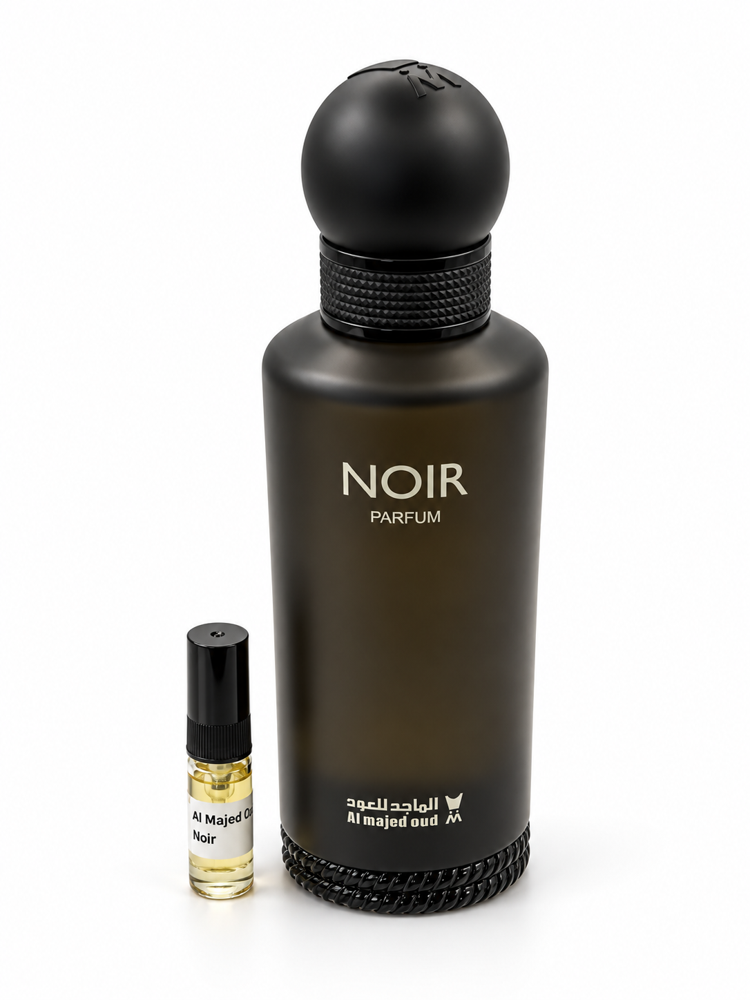Al Majed Oud Noir Edp fragrance bottle and black-capped sample vial on white