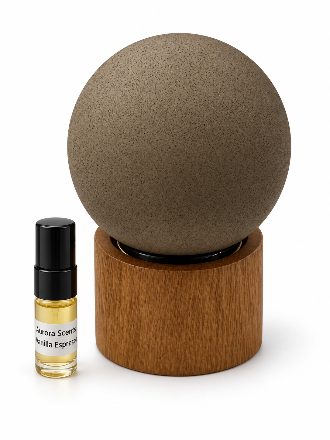 Aurora Scents Vanilla Espresso fragrance bottle and black-capped sample vial on white