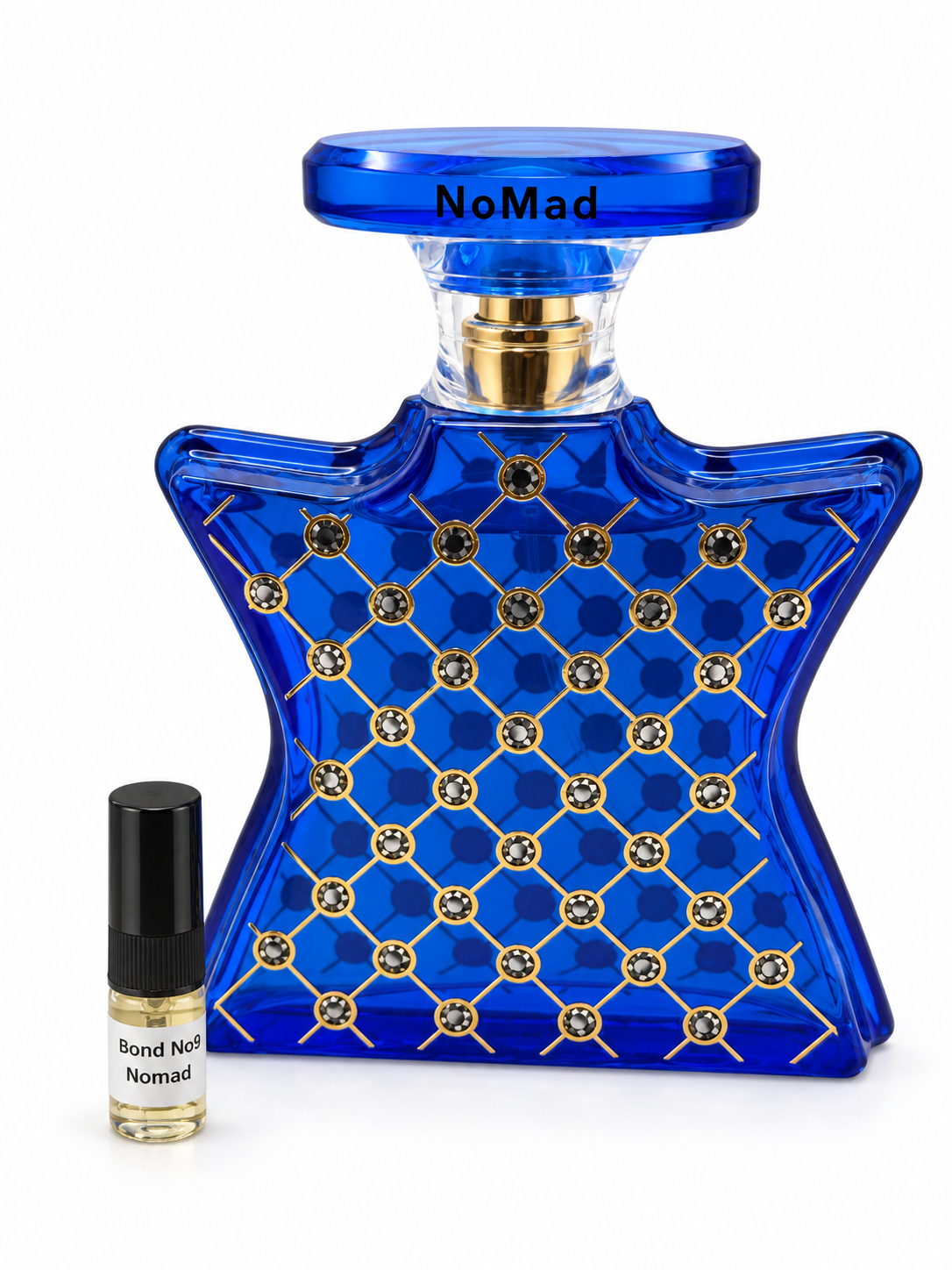 Bond No.9 Nomad fragrance bottle and black-capped sample vial on white