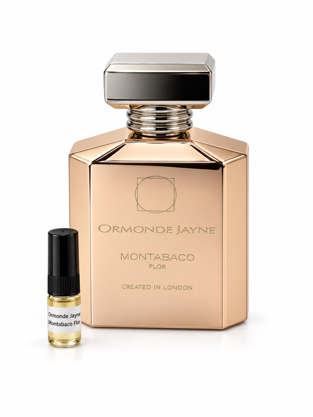 Ormonde Jayne Montabaco Flor fragrance bottle and black-capped sample vial on white