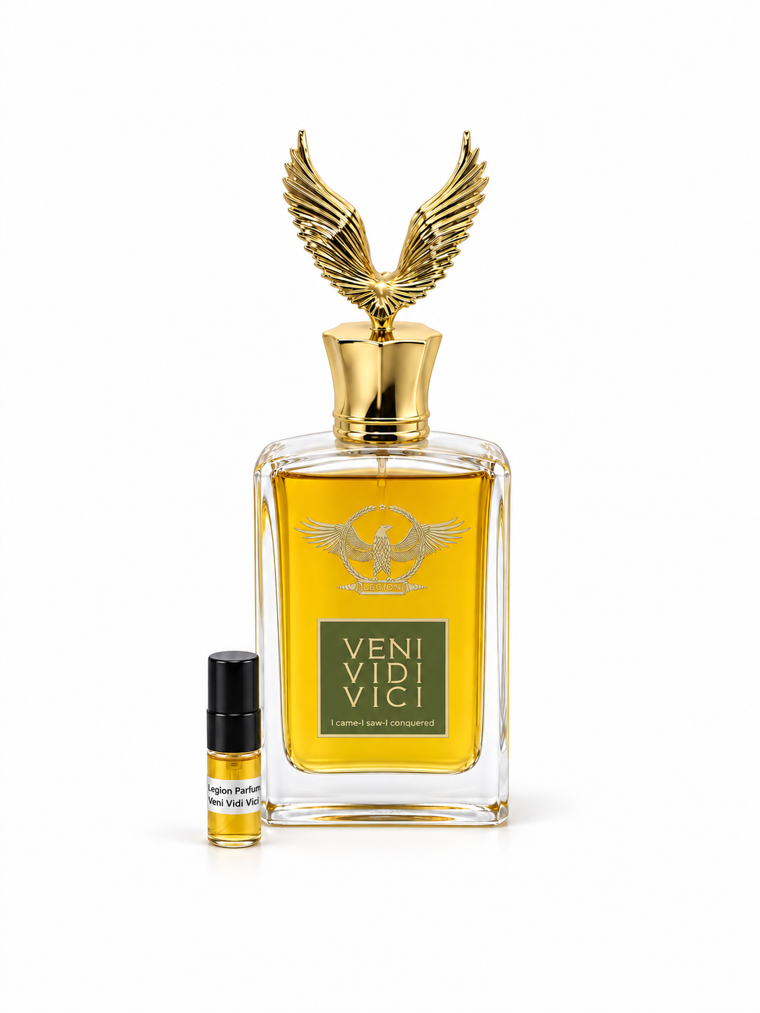 Legion Parfums Veni Vidi Vici fragrance bottle and black-capped sample vial on white