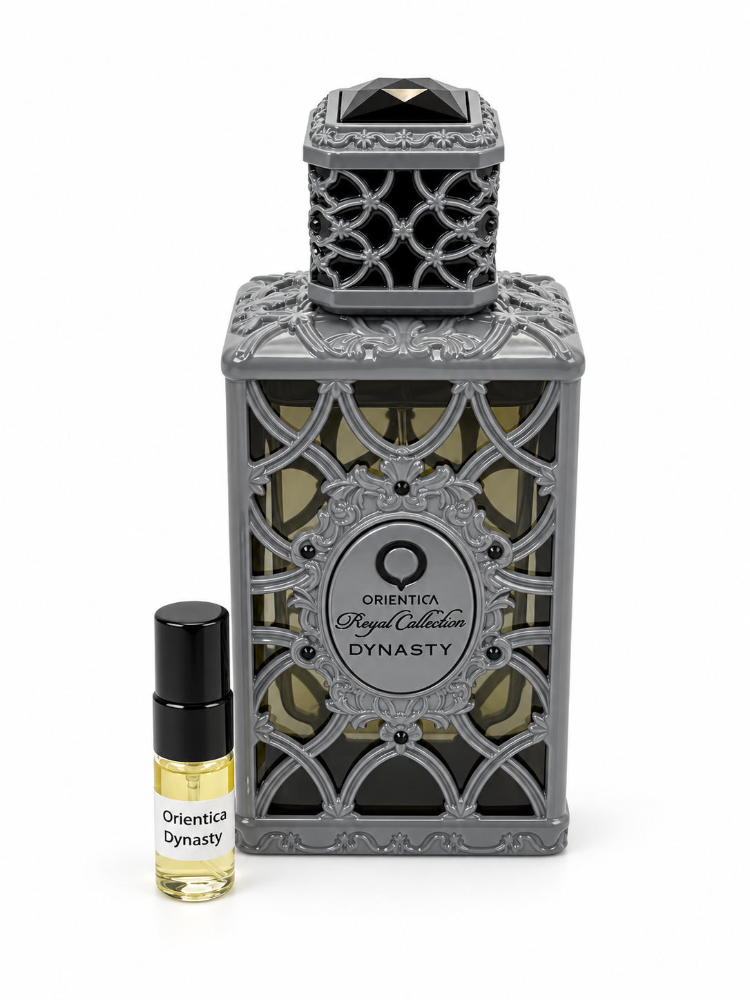 Orientica Dynasty fragrance bottle and black-capped sample vial on white