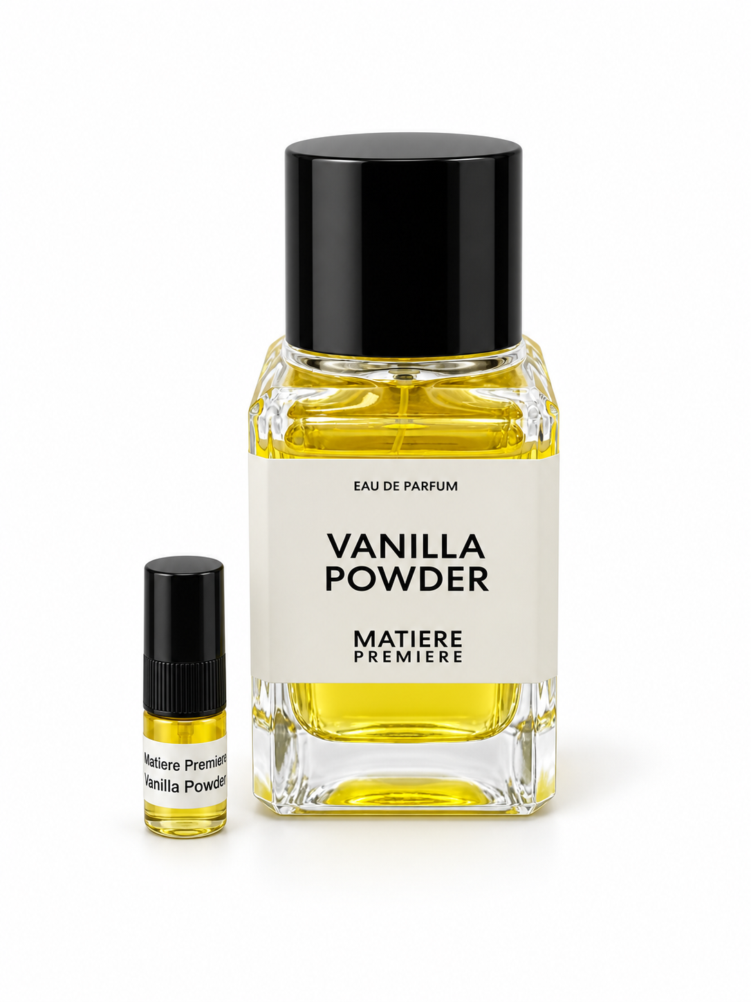 Matiere Premiere Vanilla Powder EDP fragrance bottle and black-capped sample vial on white