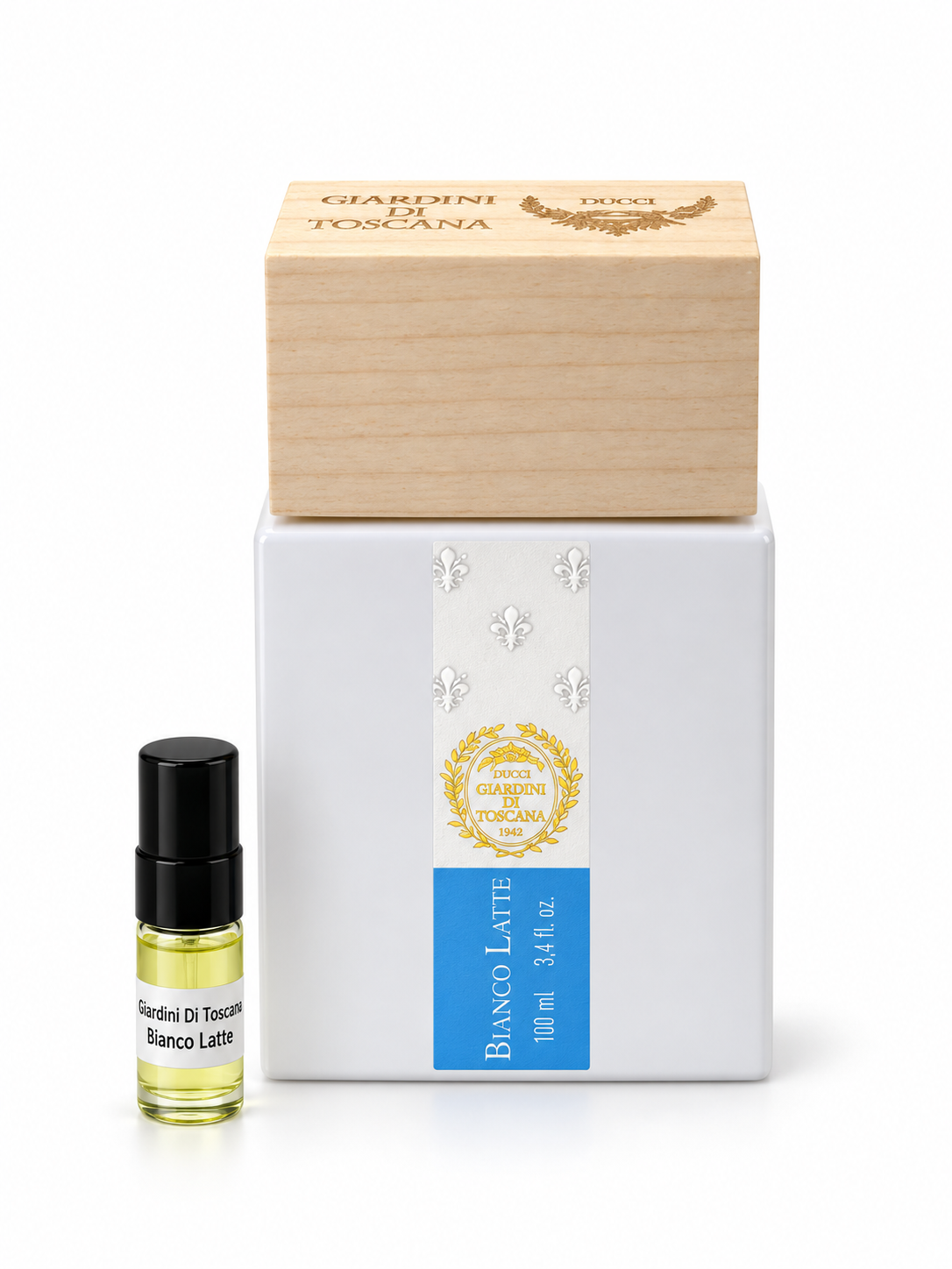 Bianco Latte Giardini Di Toscana fragrance bottle and black-capped sample vial on white