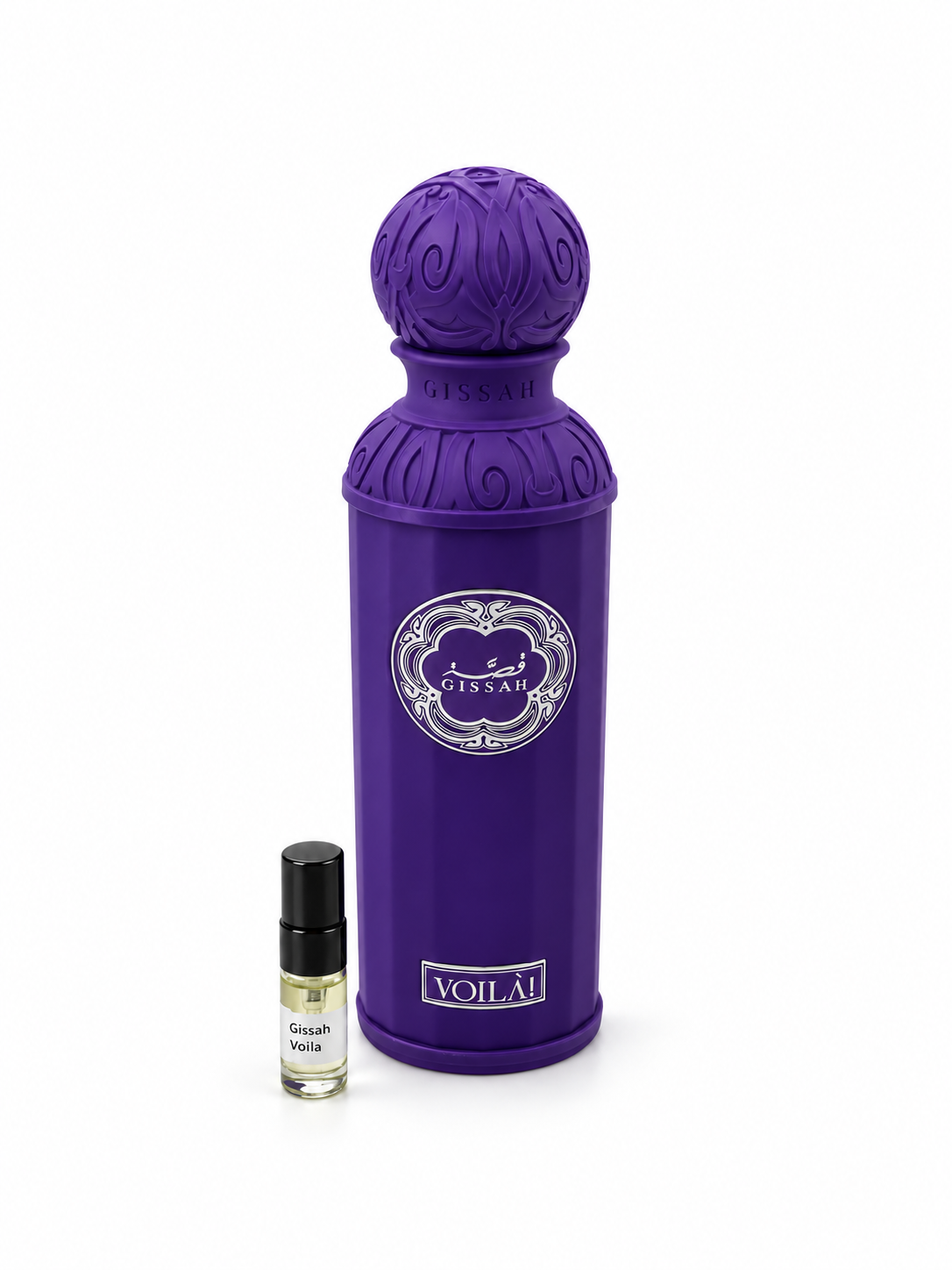 Gissah Viola fragrance bottle and black-capped sample vial on white
