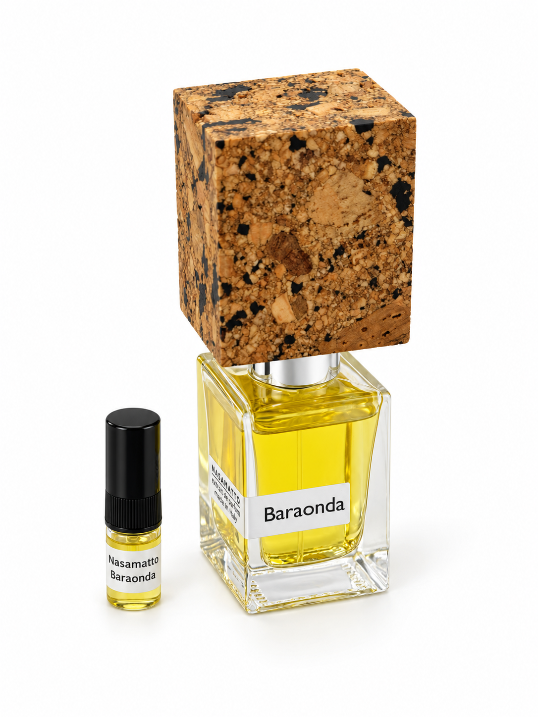 Nasamatto Baraonda fragrance bottle and black-capped sample vial on white
