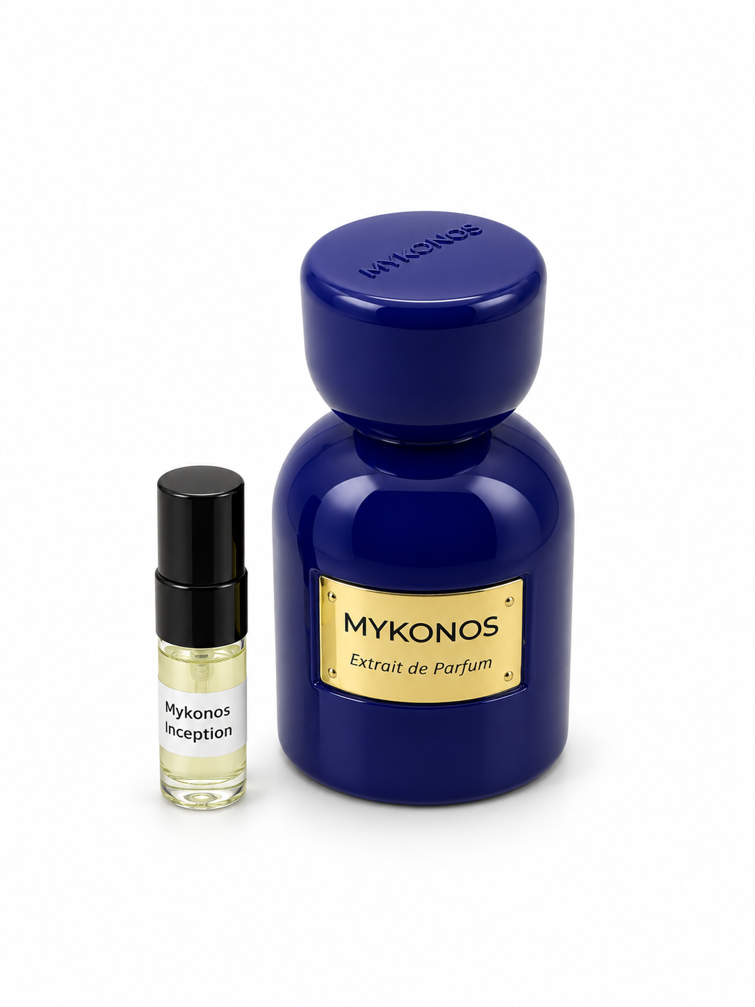 Mykonos Inception fragrance bottle and black-capped sample vial on white