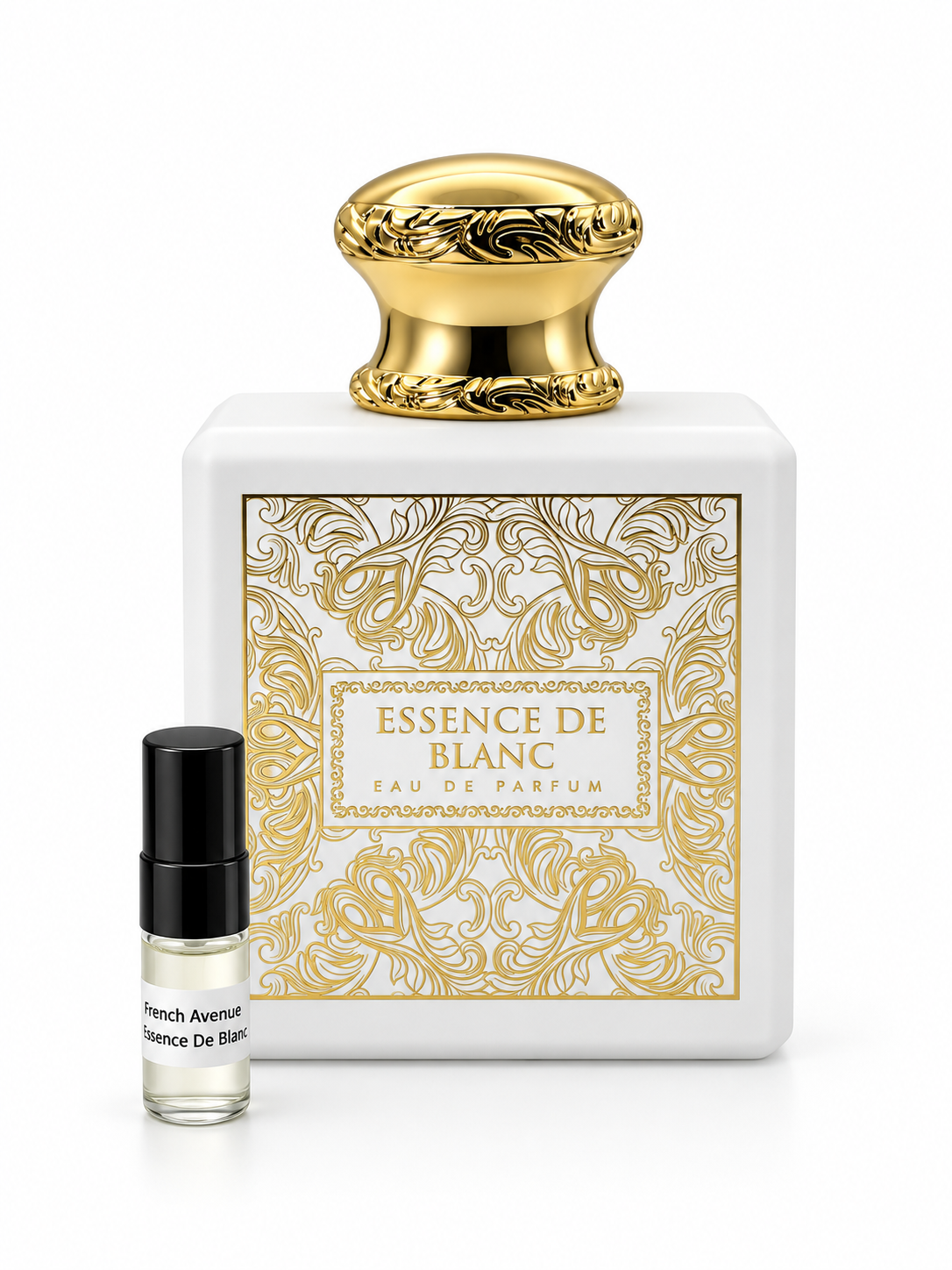 French Avenue Essence De Blanc fragrance bottle and black-capped sample vial on white