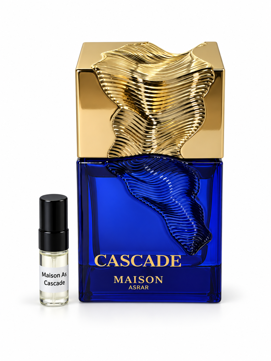 MAISON ASRAR Cascade fragrance bottle and black-capped sample vial on white