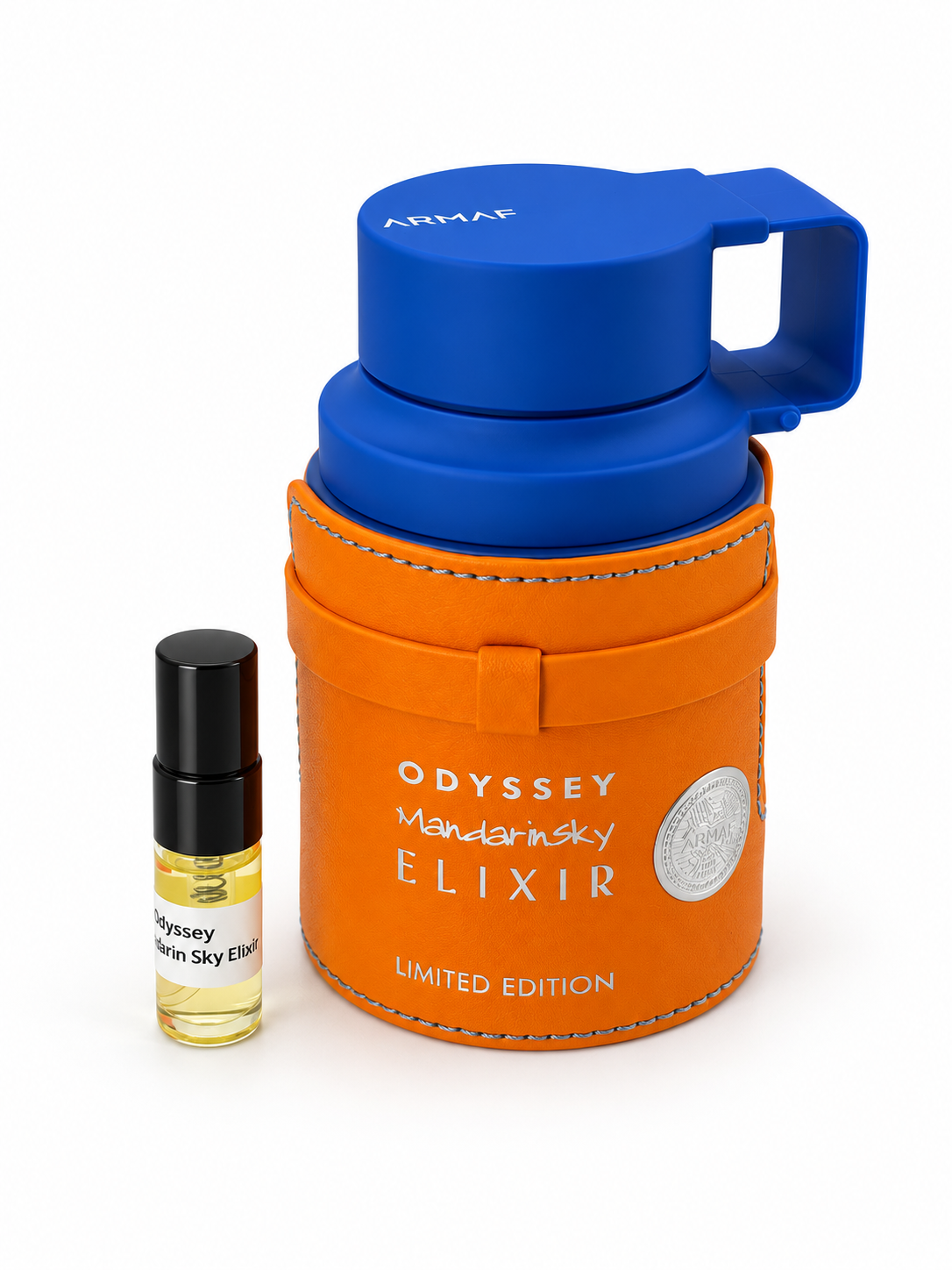 Armaf Odyssey Mandarin Sky Elixir fragrance bottle and black-capped sample vial on white