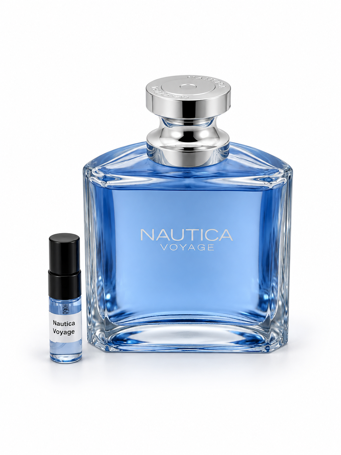 Nautica Voyage fragrance bottle and black-capped sample vial on white
