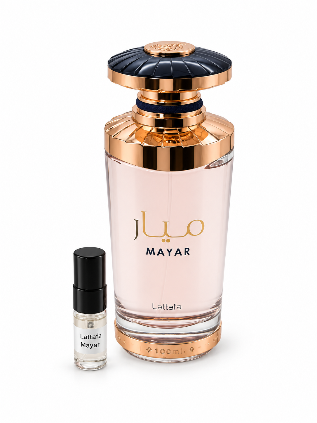Lattafa Mayar fragrance bottle and black-capped sample vial on white