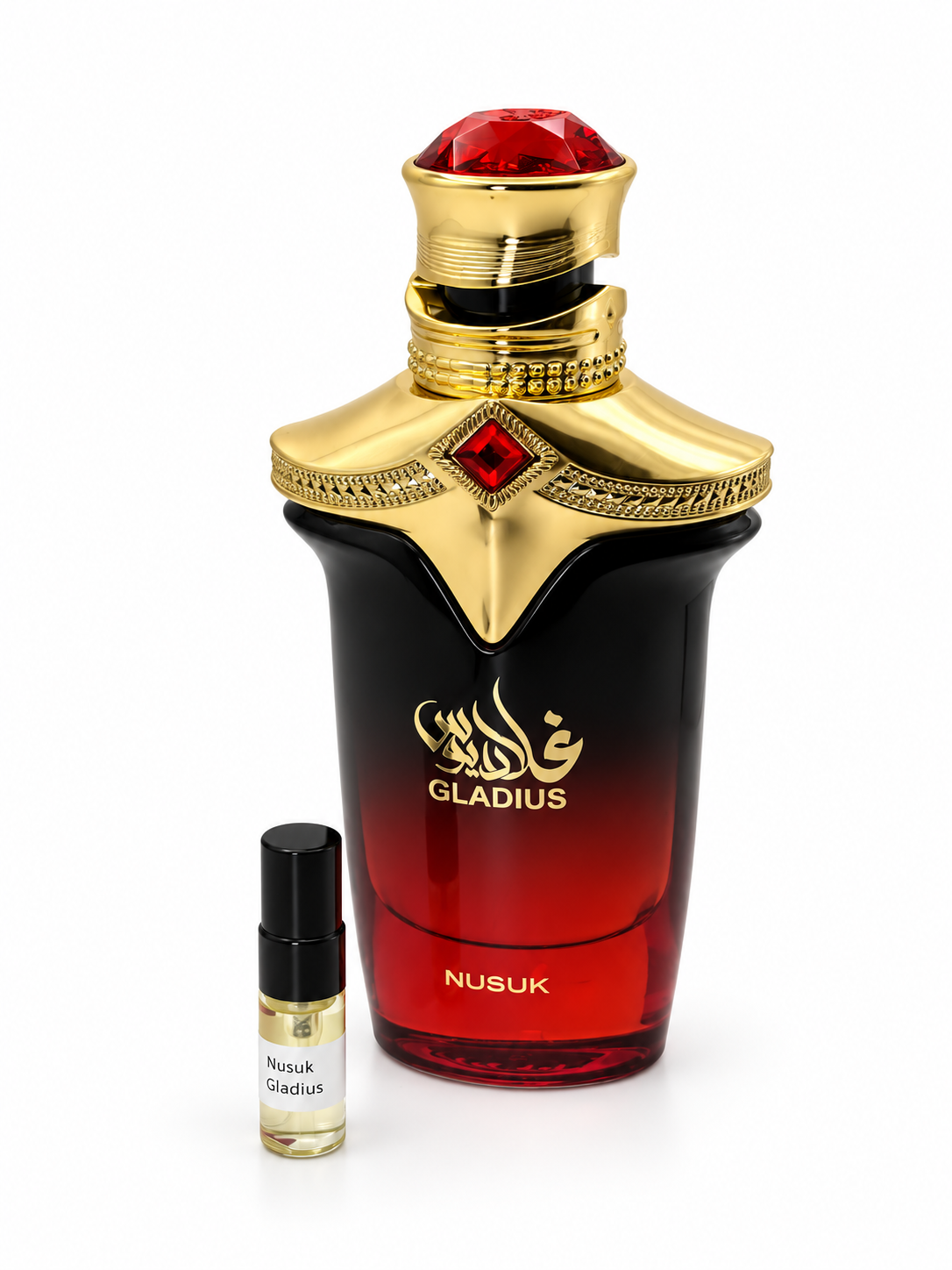 Nusuk Gladius fragrance bottle and black-capped sample vial on white
