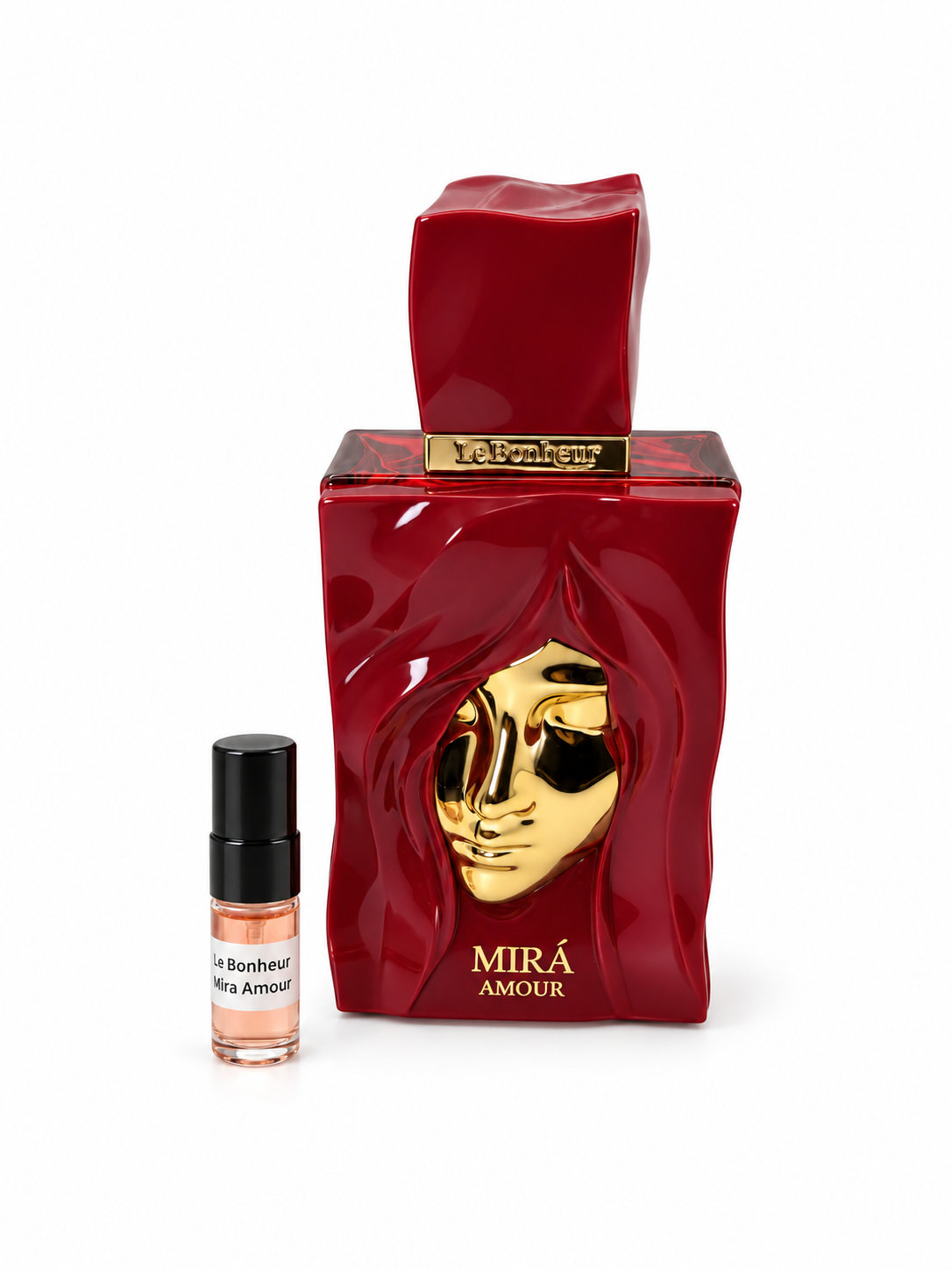 Le Bonheur Mira Amour fragrance bottle and black-capped sample vial on white