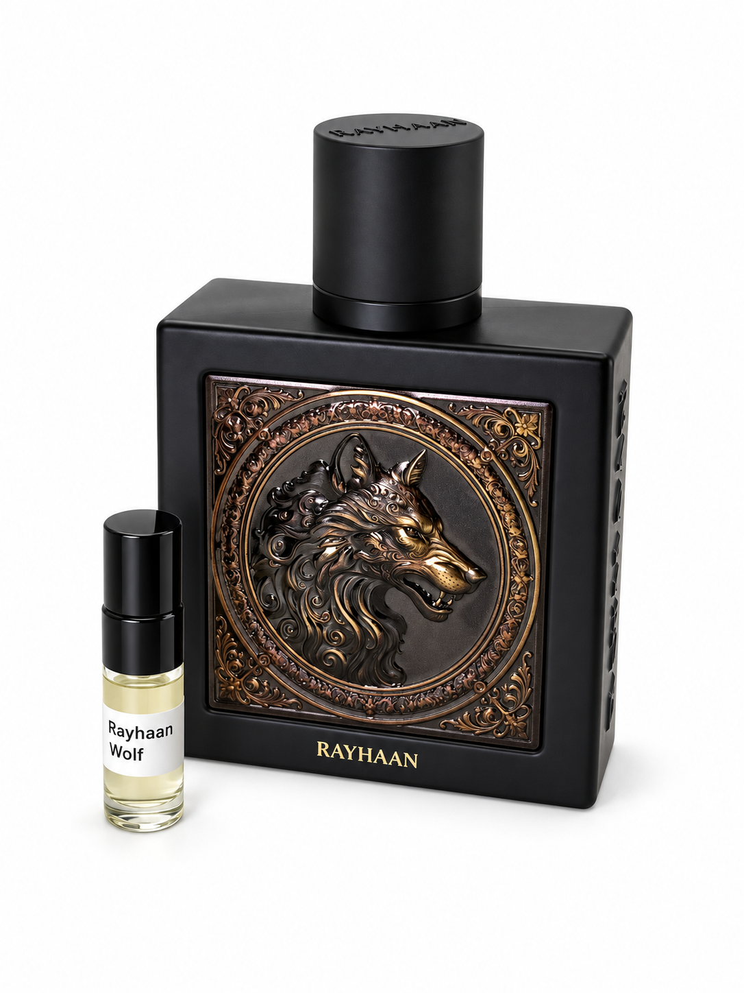 Rayhaan Wolf fragrance bottle and black-capped sample vial on white