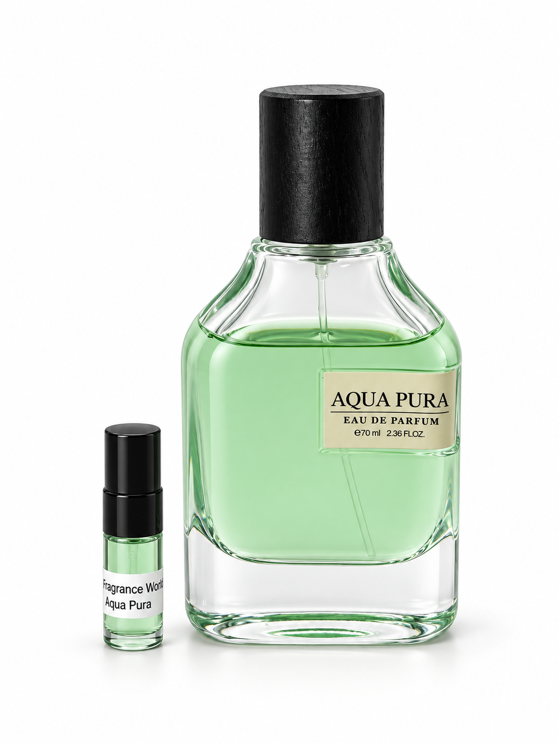 Fragrance World Aqua Pura fragrance bottle and black-capped sample vial on white