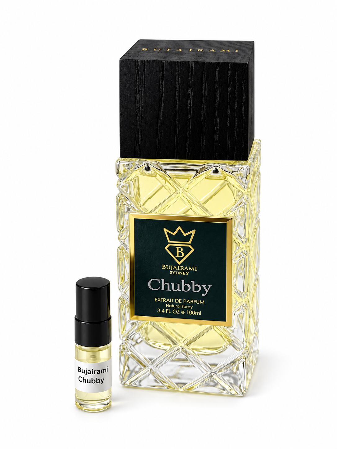 Bujairami Chubby fragrance bottle and black-capped sample vial on white