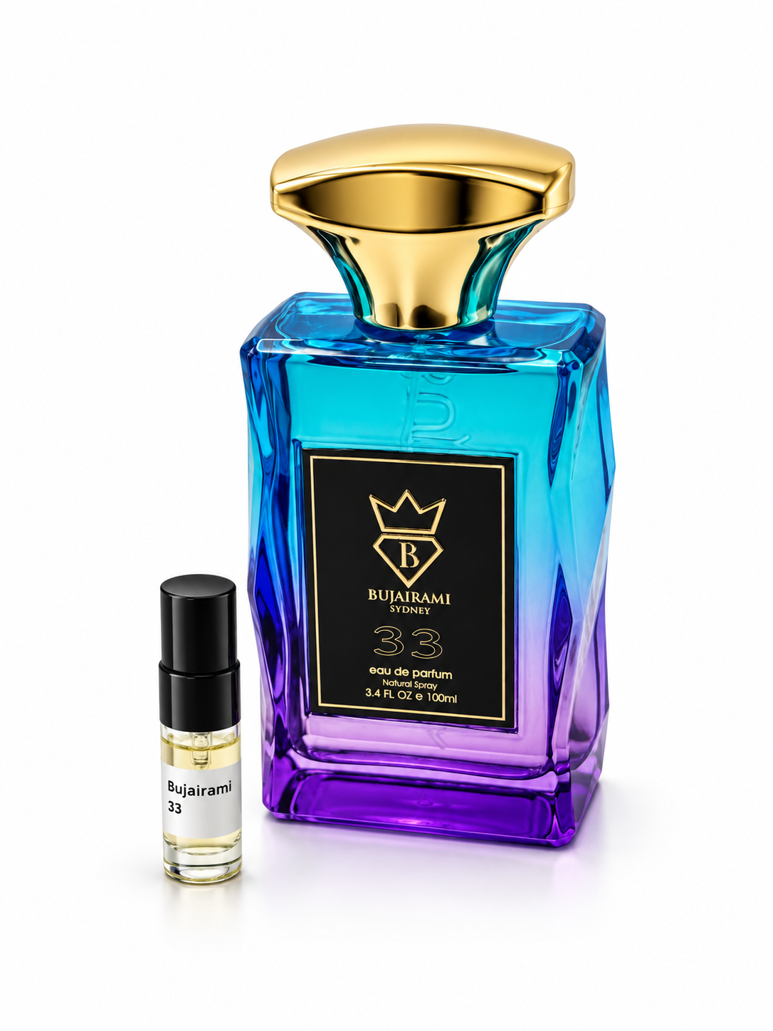 Bujairami 33 fragrance bottle and black-capped sample vial on white