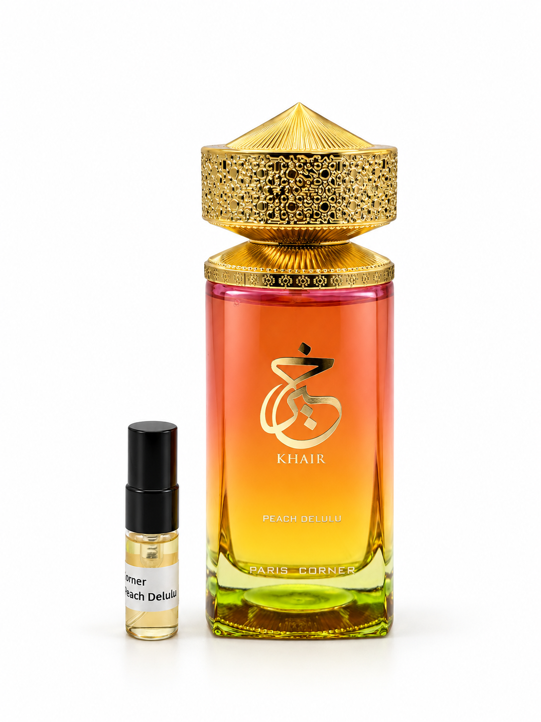 Paris Corner Khair Peach Delulu fragrance bottle and black-capped sample vial on white
