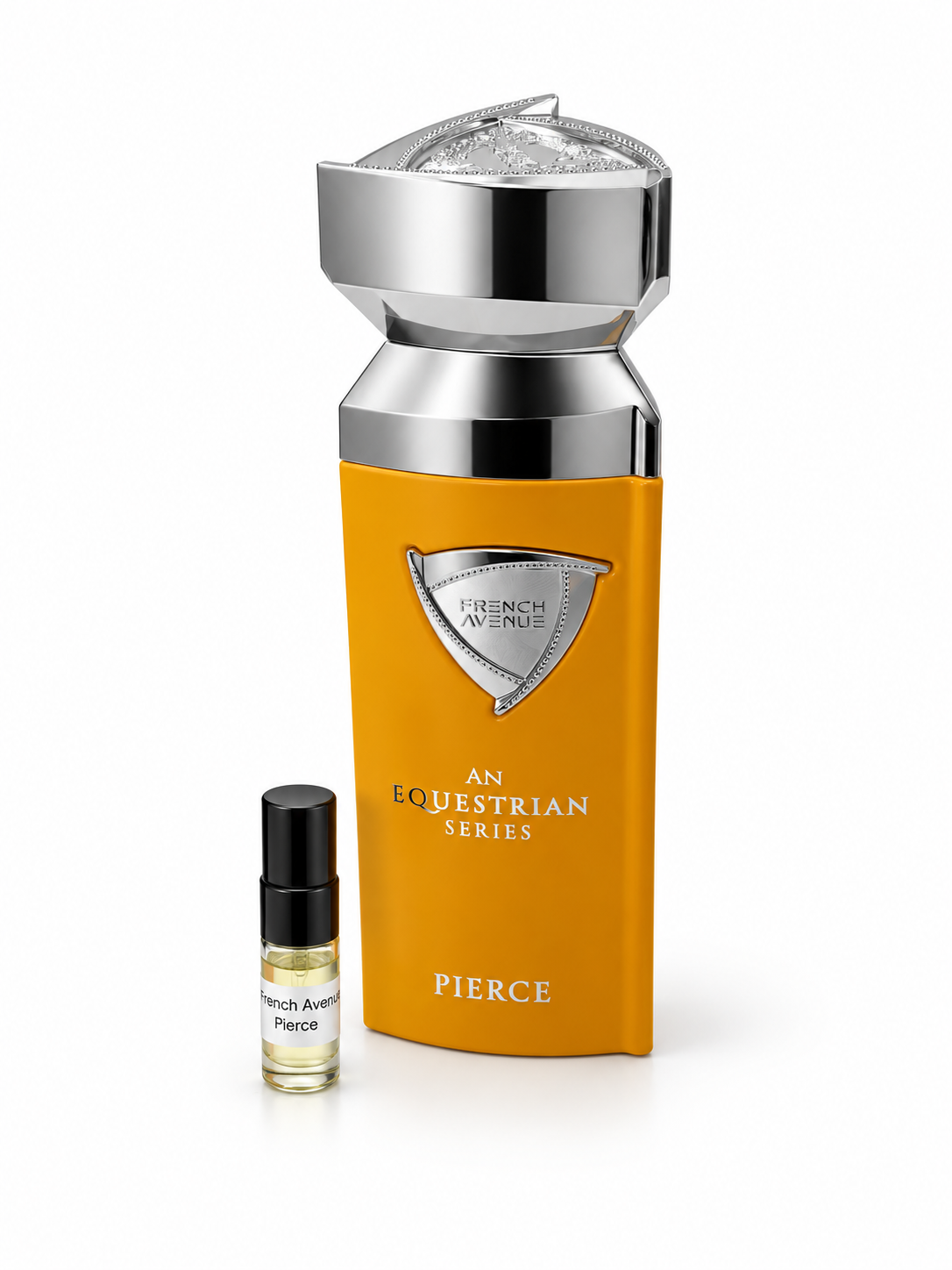 French Avenue An Equestrian Series Pierce fragrance bottle and black-capped sample vial on white