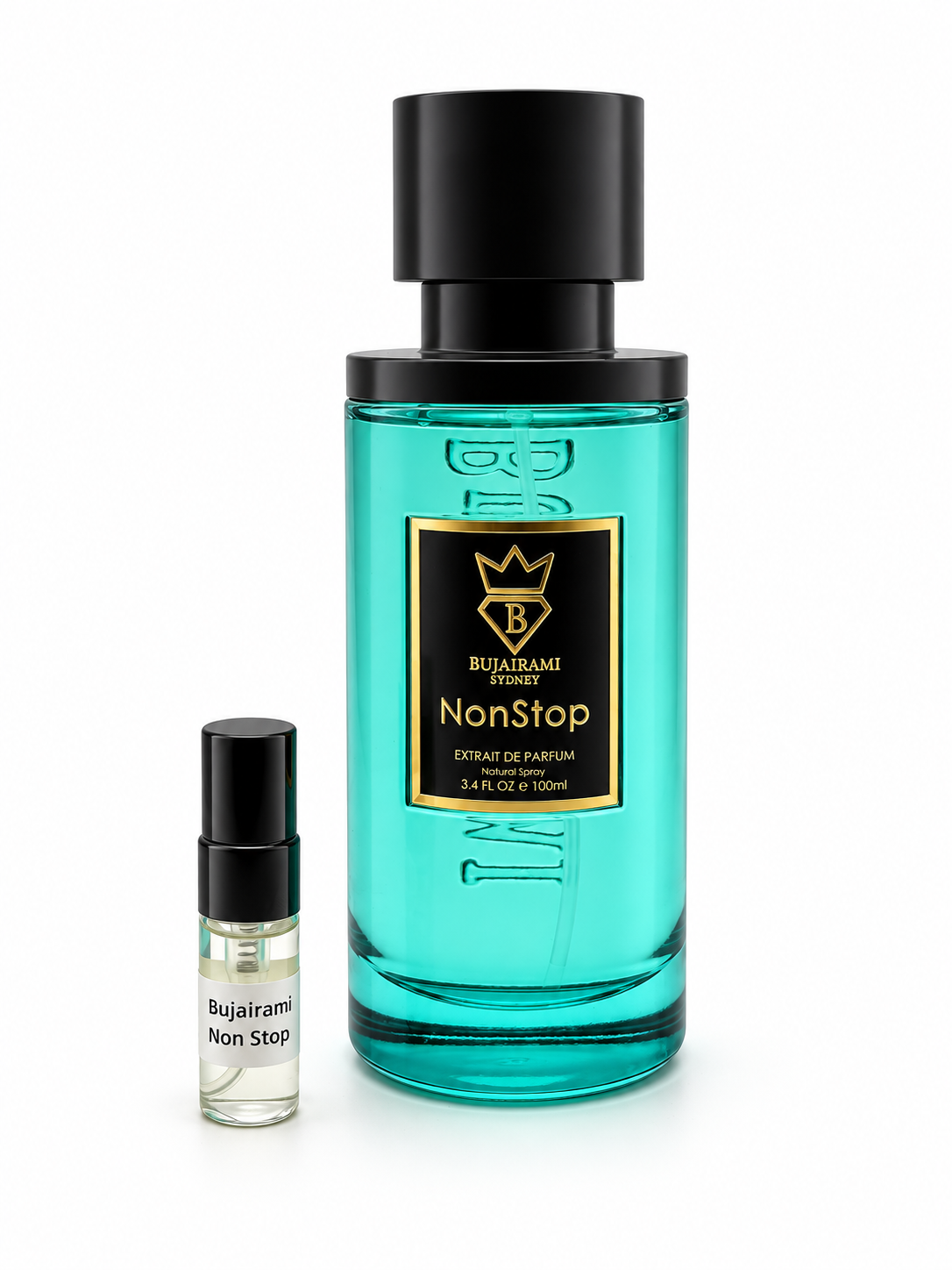 Bujairami Non Stop fragrance bottle and black-capped sample vial on white