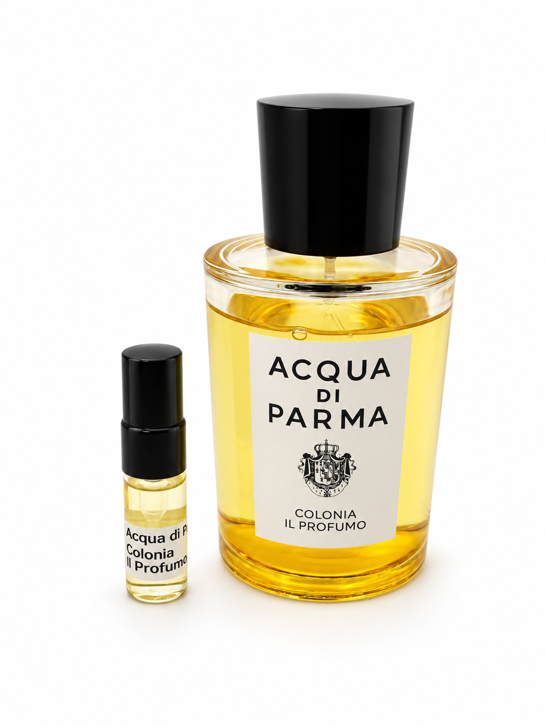 Acqua Di Parma Colonia Il Profumo fragrance bottle and black-capped sample vial on white