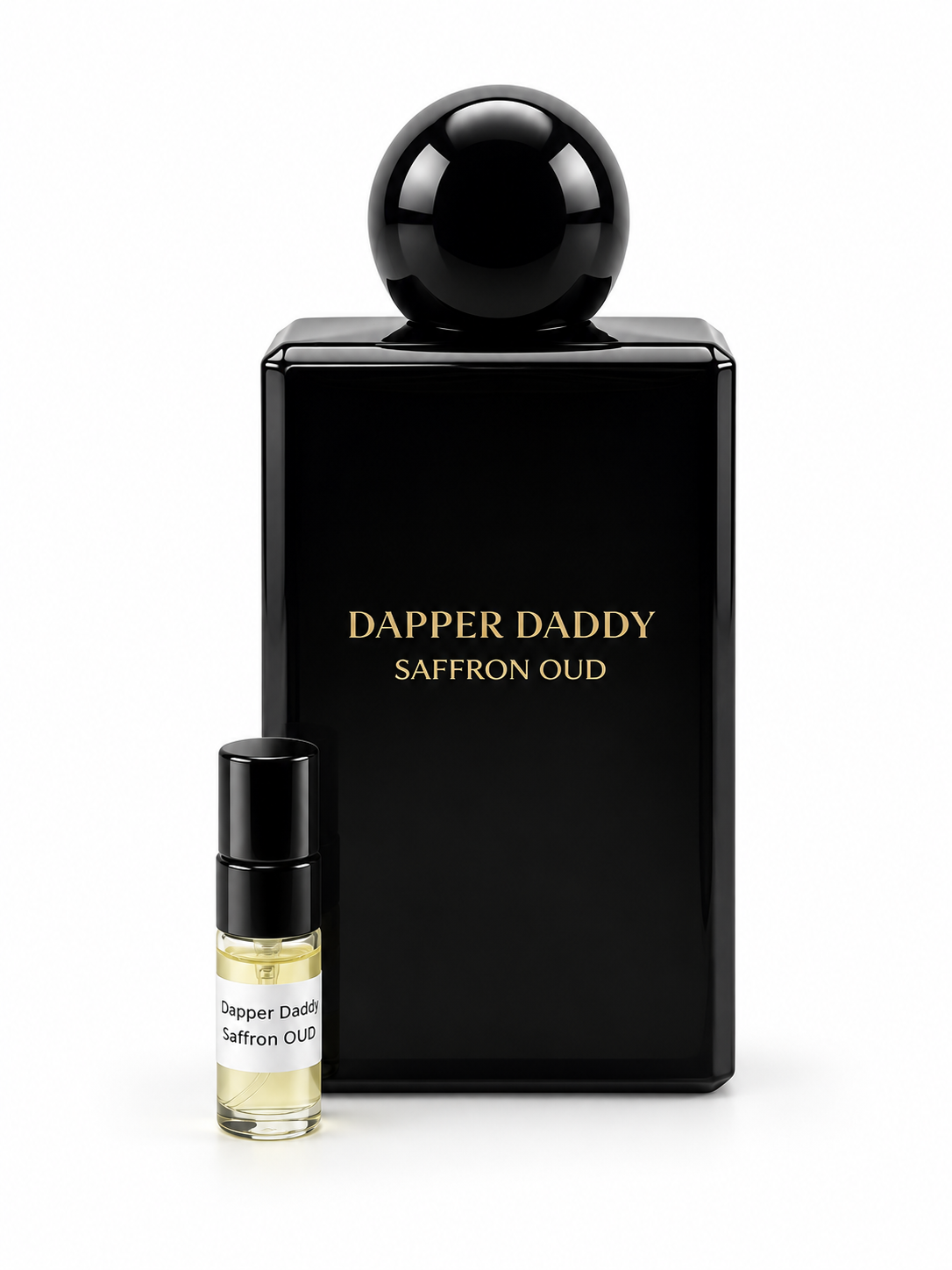 Dapper Daddy Saffron Oud fragrance bottle and black-capped sample vial on white